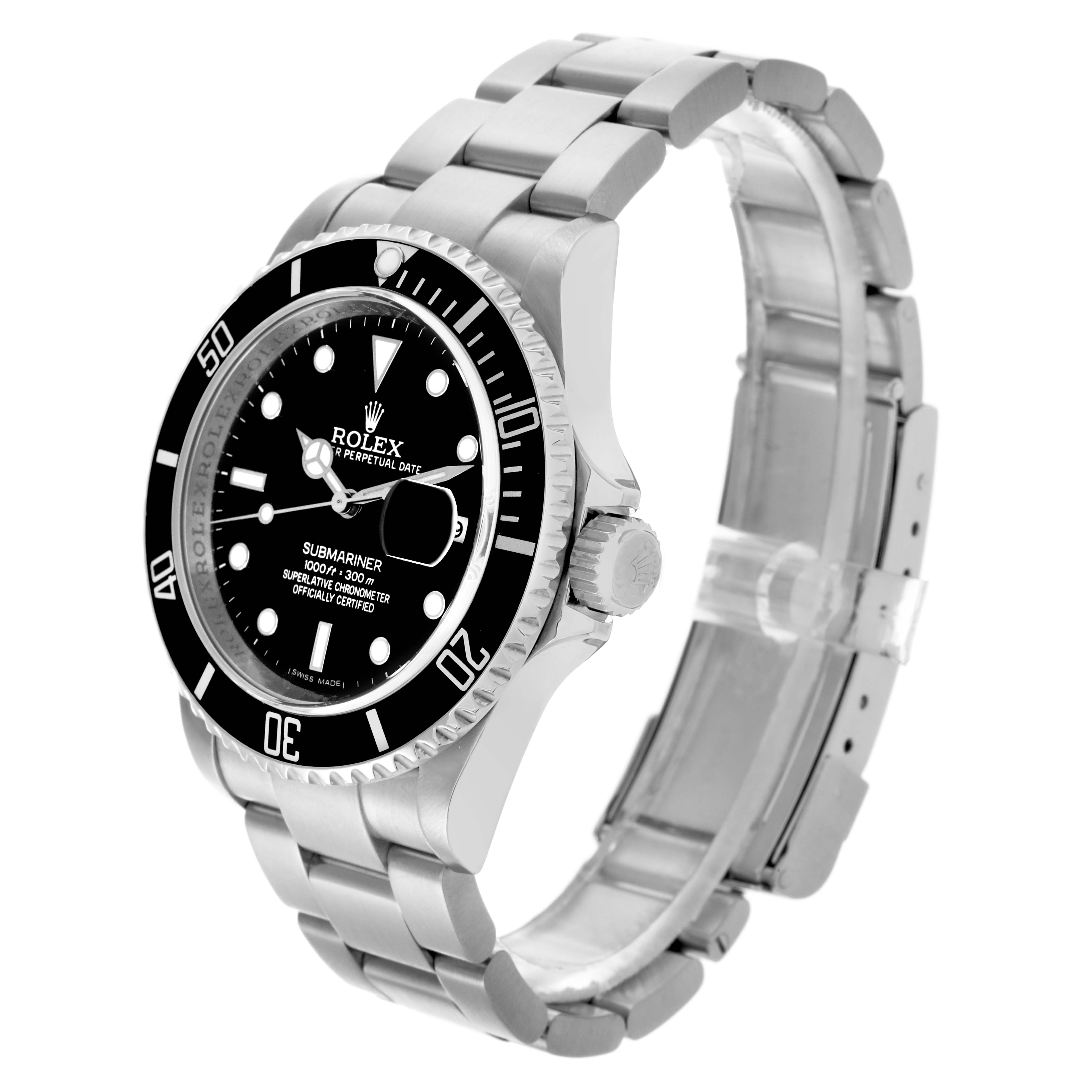 The Rolex Submariner 16610 Men
s Stainless Steel Black Dial 16610 Men
s Stainless Steel Black Dial is shown at an angled side view, displaying the dial, bezel, bracelet, and crown.