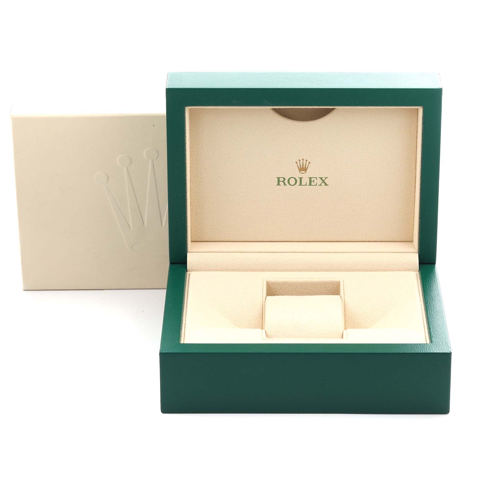 The image shows an open Rolex Submariner 16610 Men
s Stainless Steel Black Dial 16610 Men
s Stainless Steel Black Dial watch box with a green exterior and beige interior.