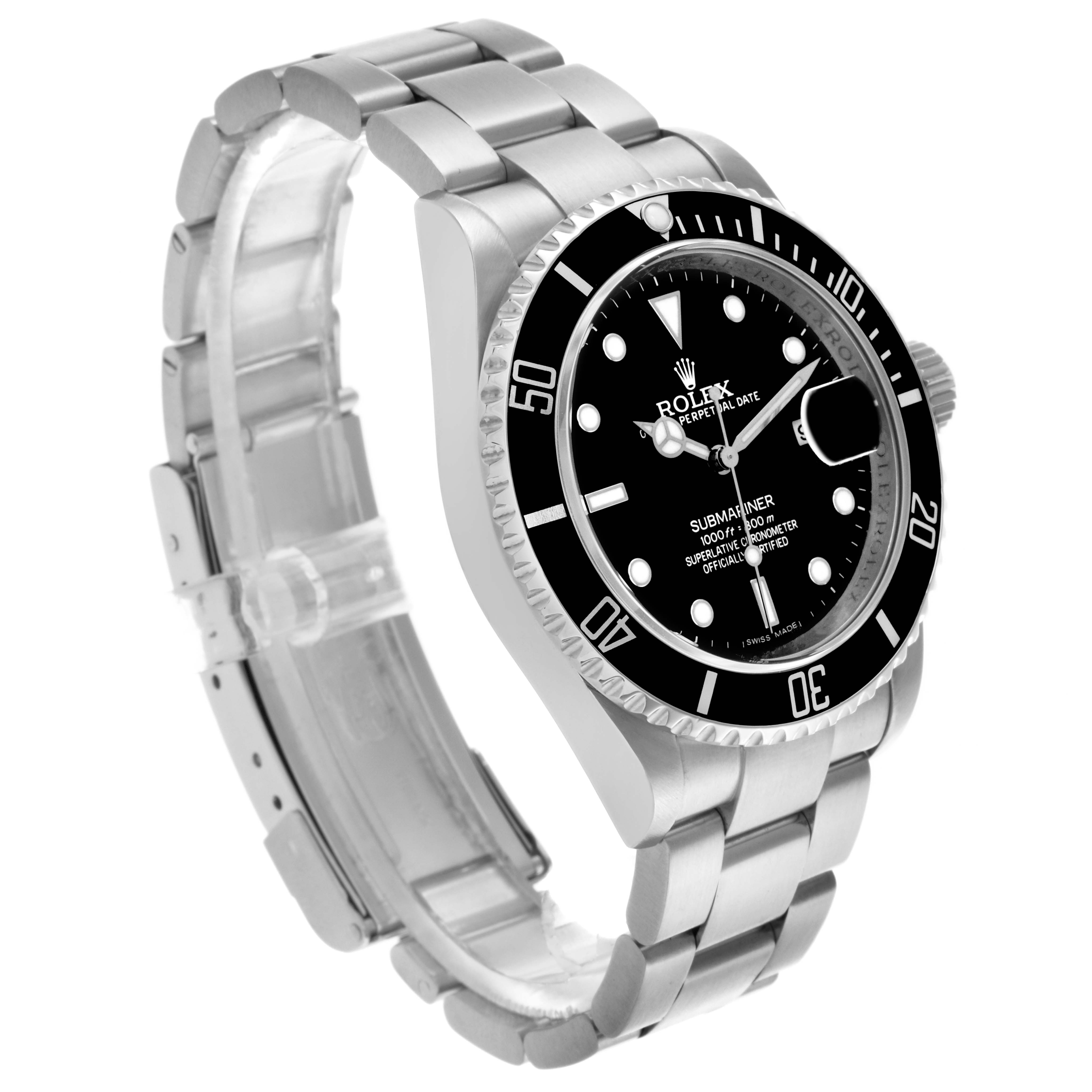 The image shows a Rolex Submariner 16610 Men
s Stainless Steel Black Dial 16610 Men
s Stainless Steel Black Dial watch at an angled view, highlighting the bezel, dial, and bracelet.