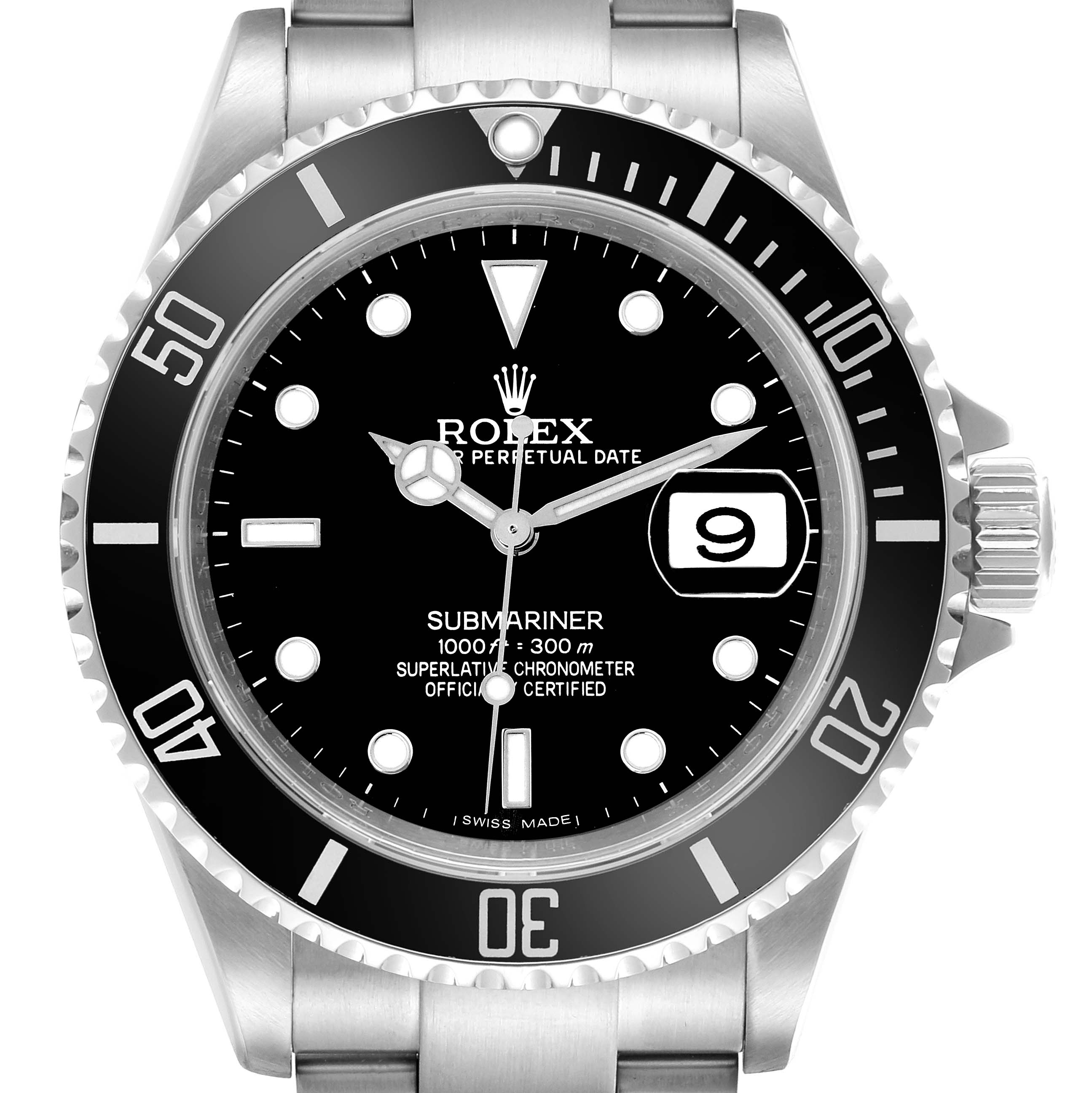 The Rolex Submariner 16610 Men
s Stainless Steel Black Dial 16610 Men
s Stainless Steel Black Dial watch is shown from the front, displaying its dial, bezel, and bracelet.