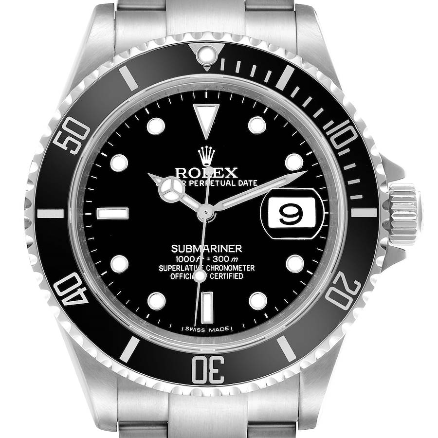 The Rolex Submariner watch is shown from the front, displaying its dial, bezel, and bracelet.