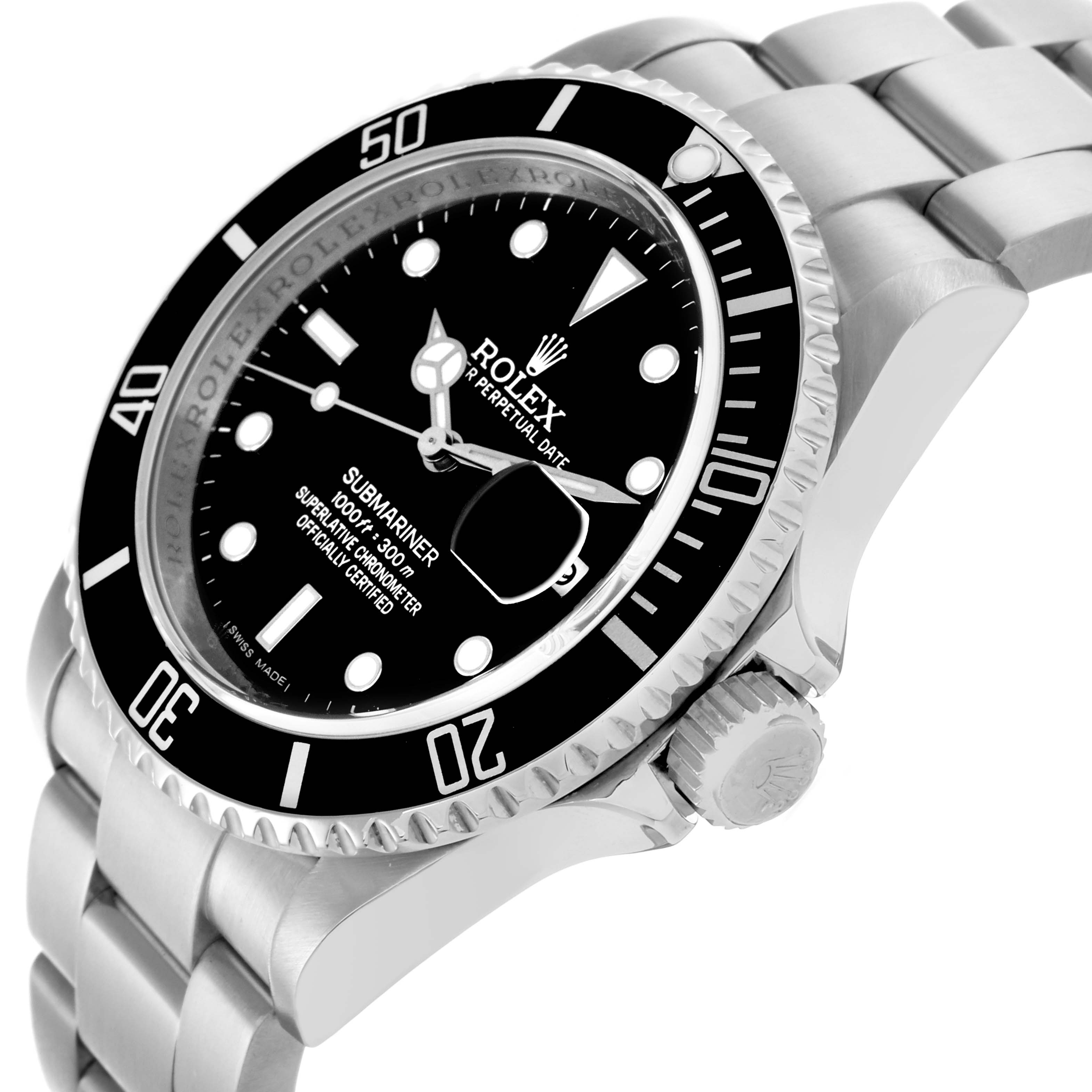 The Rolex Submariner 16610 Men
s Stainless Steel Black Dial 16610 Men
s Stainless Steel Black Dial watch is shown at an angled side view, highlighting the bezel, dial, and bracelet.