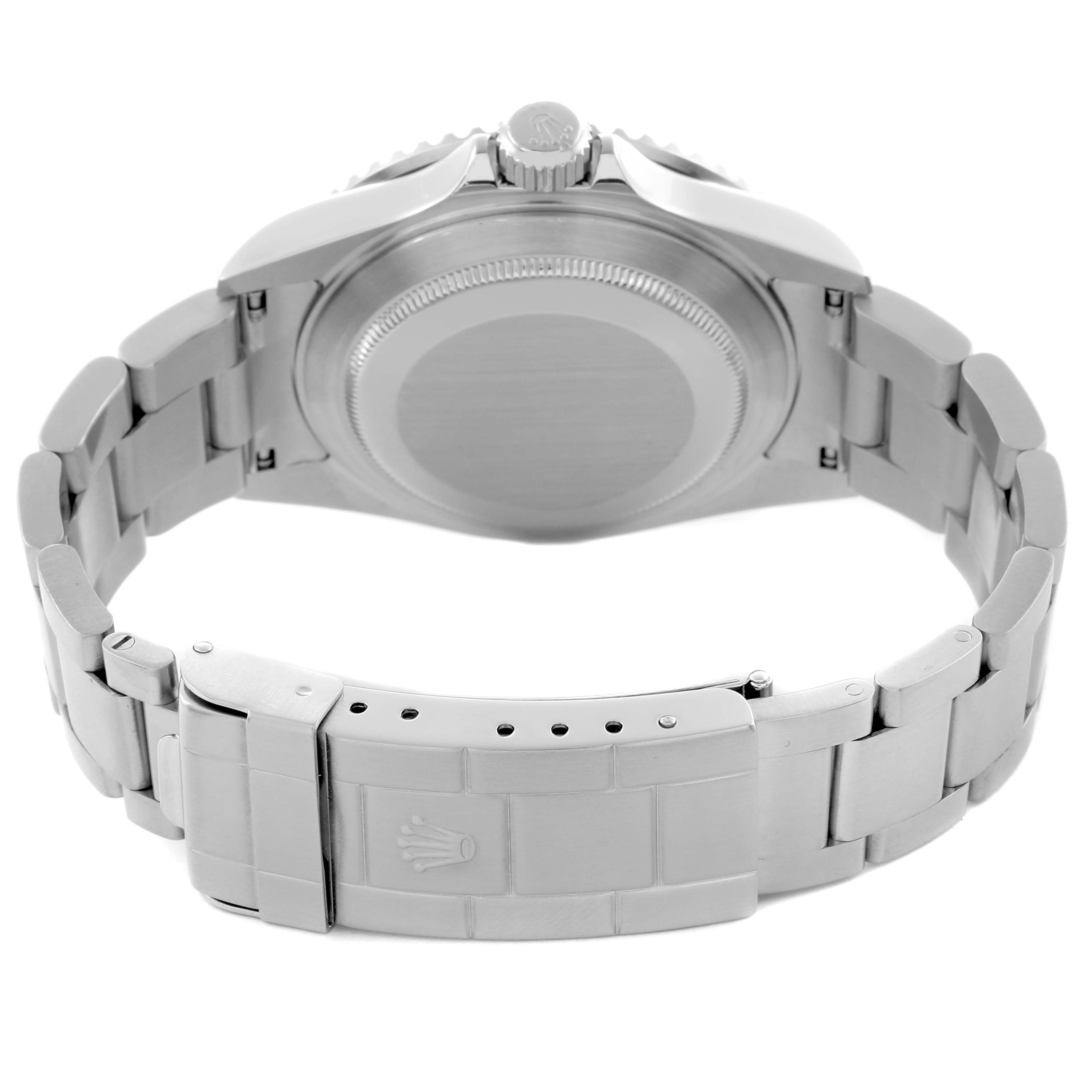 The image shows the back angle of a Rolex Submariner 16610 Men
s Stainless Steel Black Dial 16610 Men
s Stainless Steel Black Dial, highlighting the case back and bracelet with clasp.