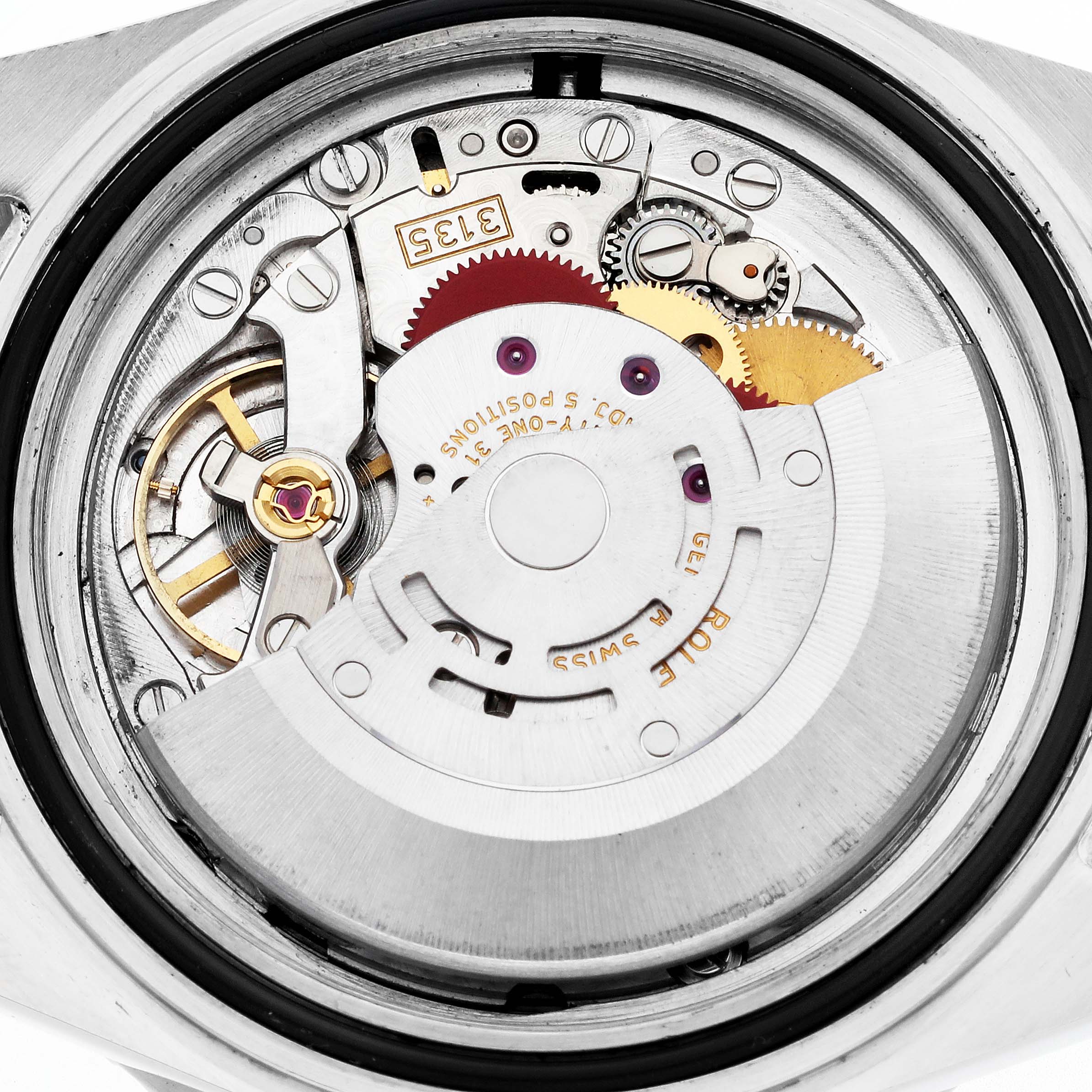 The image shows the movement of a Rolex Submariner 16610 Men
s Stainless Steel Black Dial 16610 Men
s Stainless Steel Black Dial watch from a top view, highlighting gears and the rotor.