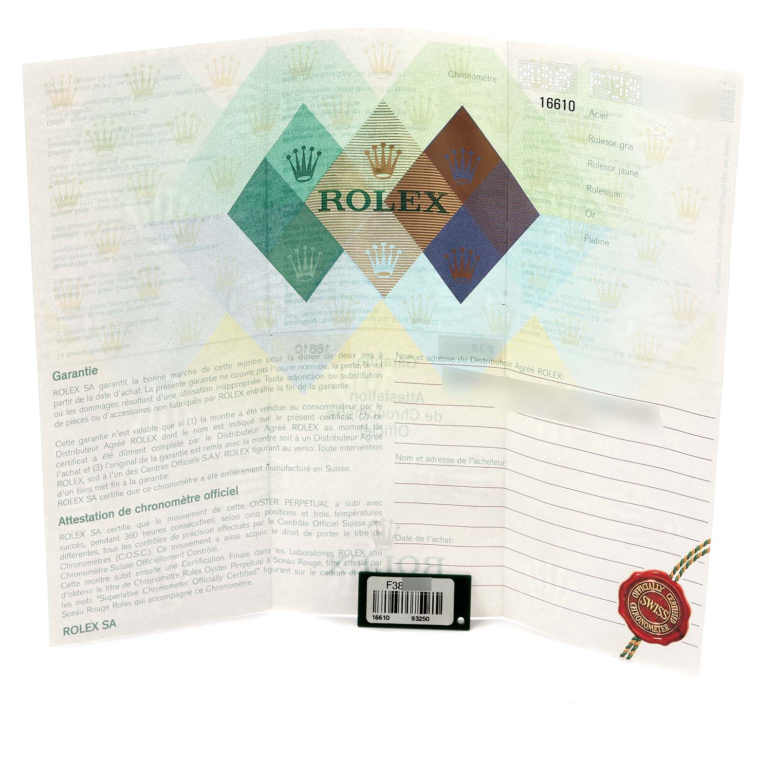 The image shows warranty papers and documentation for a Rolex Submariner 16610 Men's Stainless Steel Black Dial 16610 Men's Stainless Steel Black Dial.