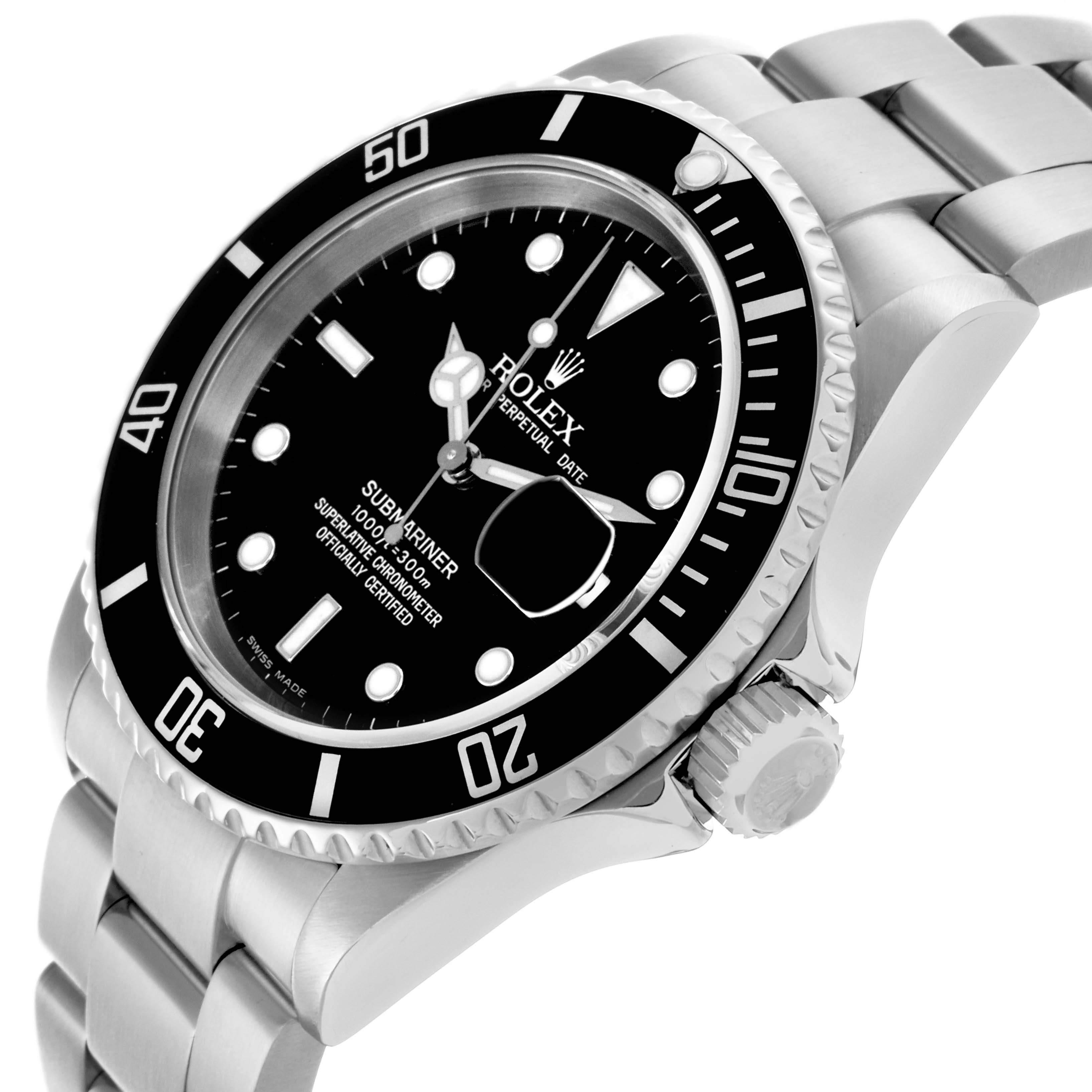 The Rolex Submariner 16610 Men's Stainless Steel Black Dial 16610 Men's Stainless Steel Black Dial watch is shown at a three-quarter angle, featuring the bezel, dial, bracelet, and crown.