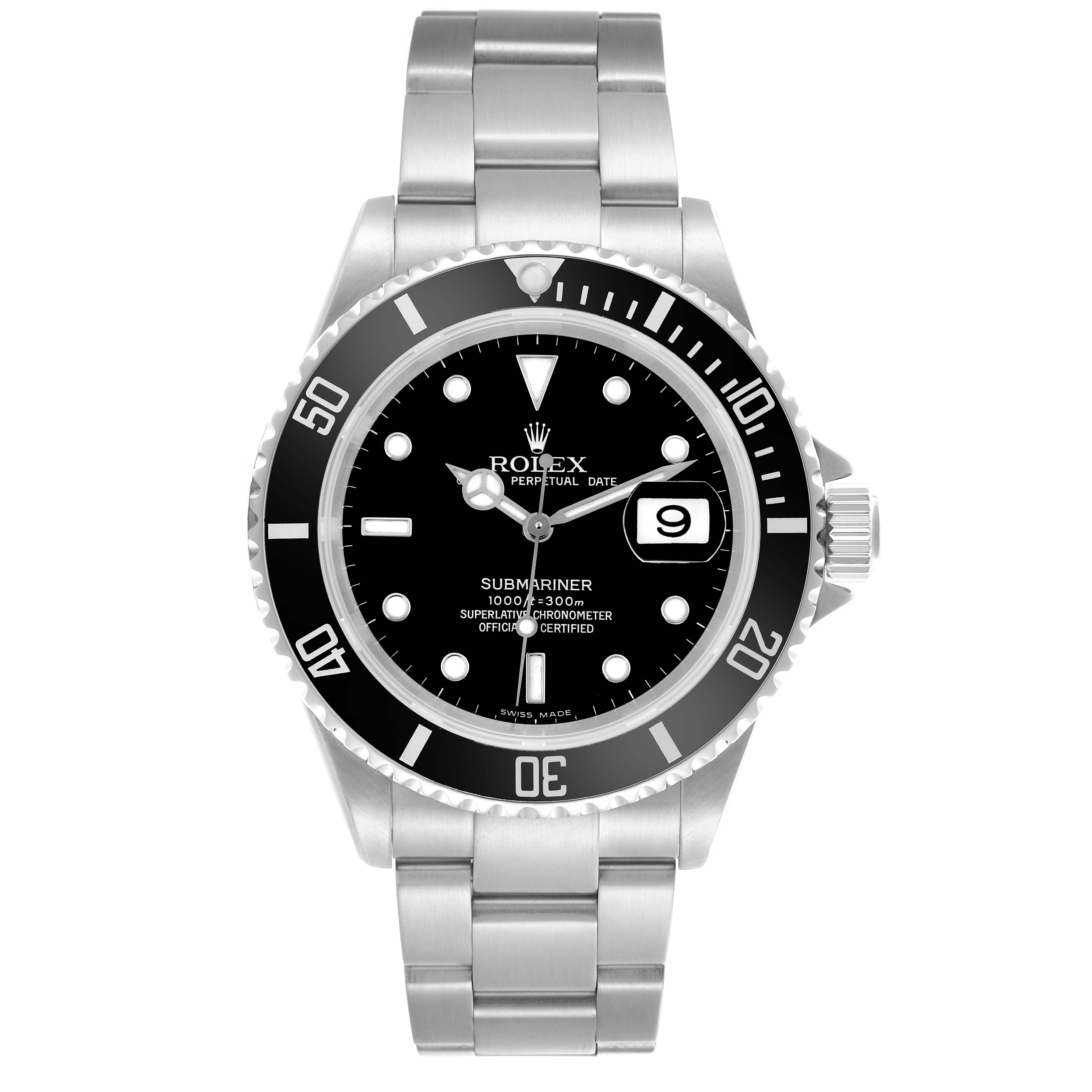 The image shows a front view of the Rolex Submariner 16610 Men's Stainless Steel Black Dial 16610 Men's Stainless Steel Black Dial, highlighting the dial, bezel, bracelet, and crown.