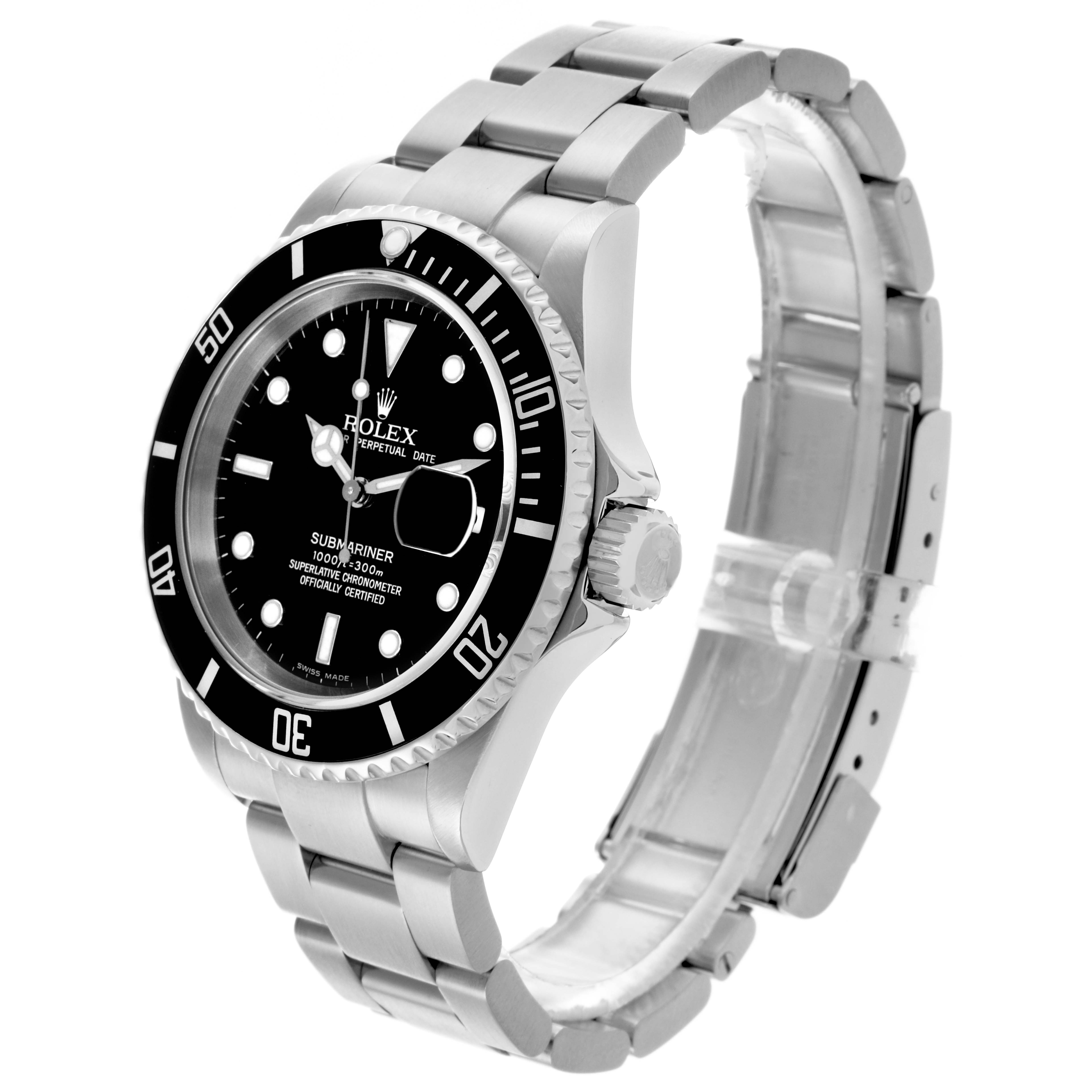 The Rolex Submariner 16610 Men's Stainless Steel Black Dial 16610 Men's Stainless Steel Black Dial watch is angled to show the face, bezel, crown, and part of the bracelet in a side profile.