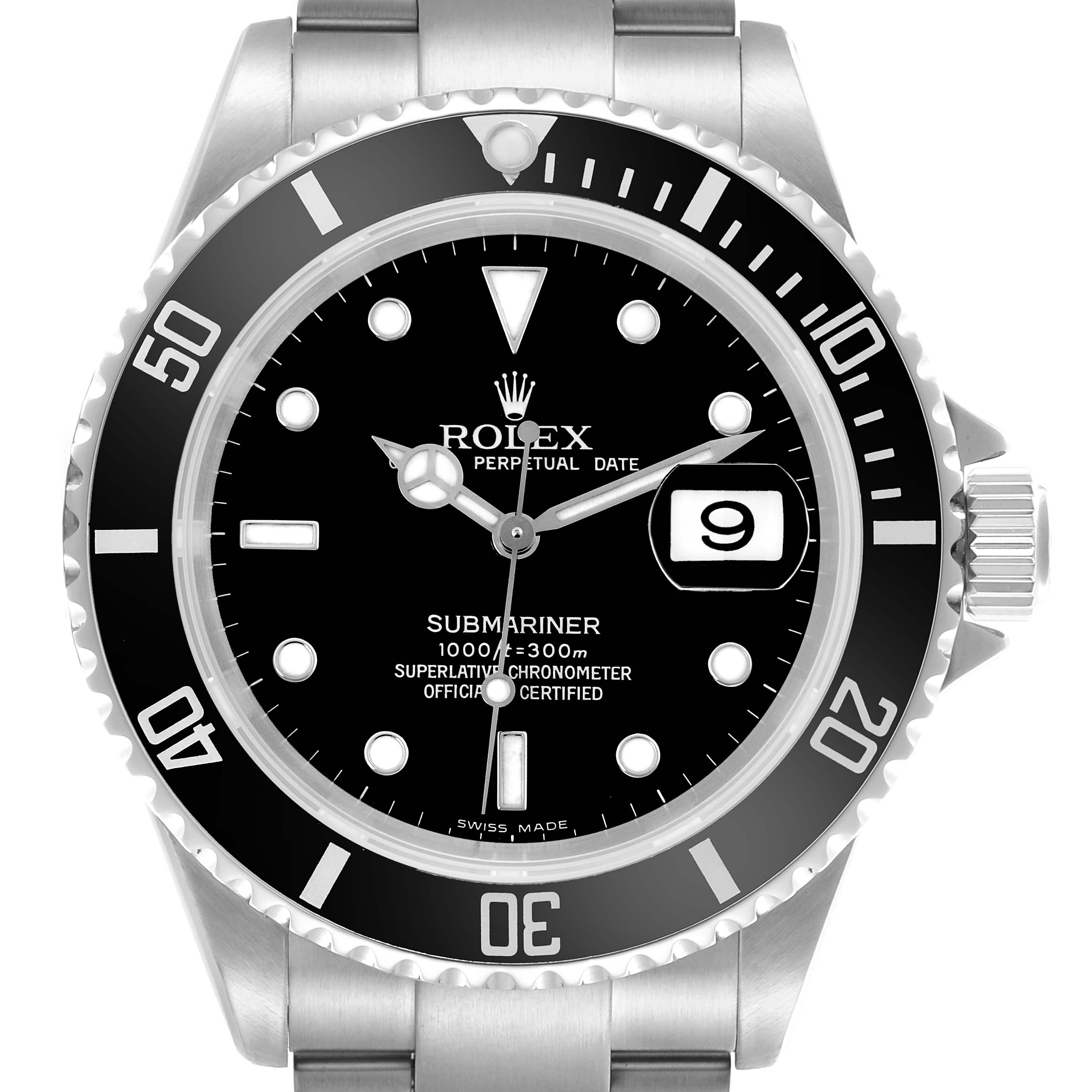 The Rolex Submariner 16610 Men's Stainless Steel Black Dial 16610 Men's Stainless Steel Black Dial watch is shown from a frontal angle, highlighting the dial, bezel, and crown.