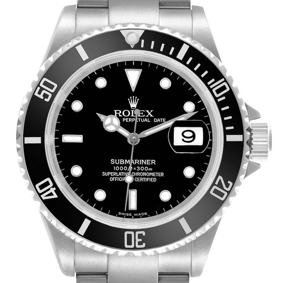 The Rolex Submariner watch is shown from a frontal angle, highlighting the dial, bezel, and crown.