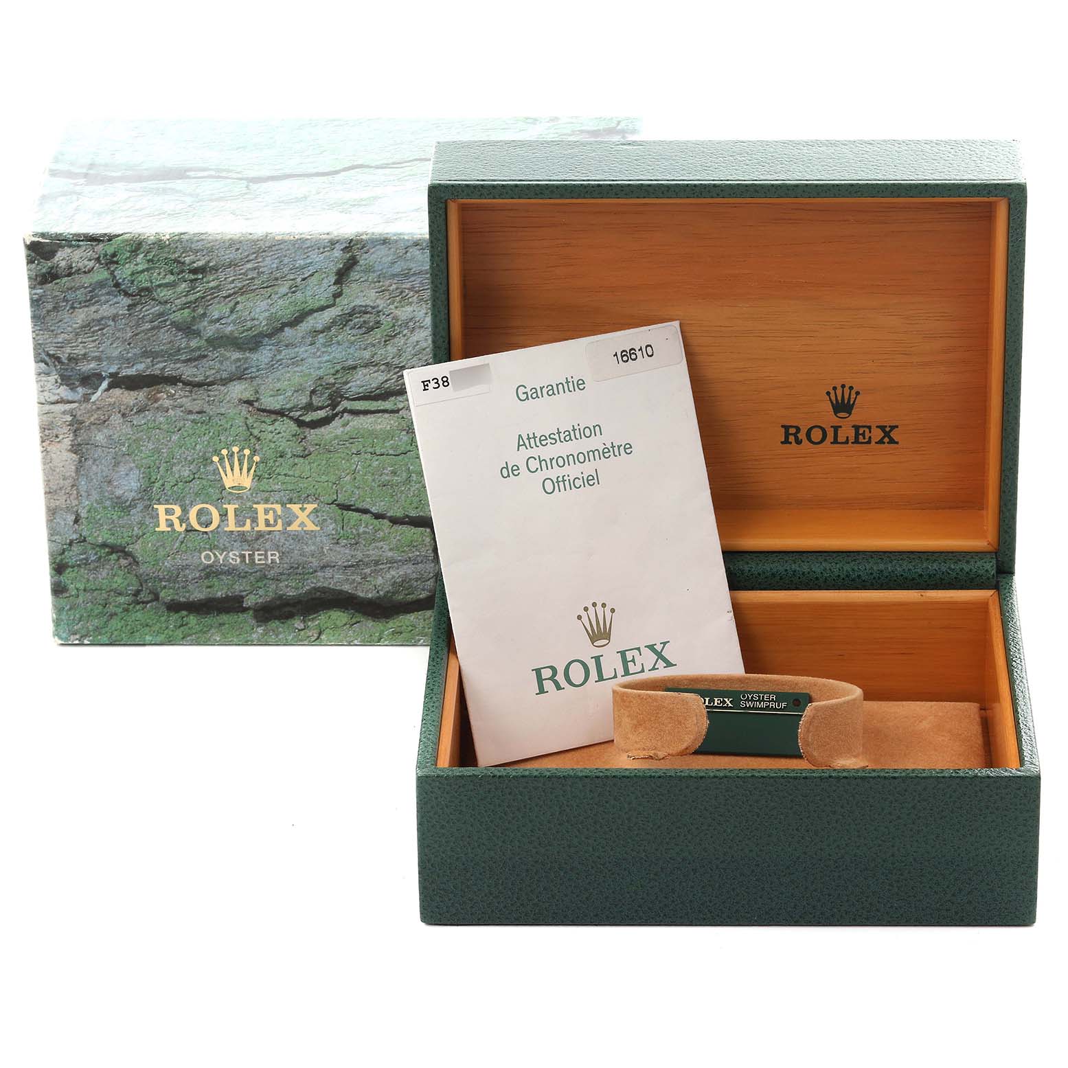 The image shows a Rolex Submariner 16610 Men's Stainless Steel Black Dial 16610 Men's Stainless Steel Black Dial box with the outer packaging, warranty card, and an empty watch cushion at a front-facing angle.