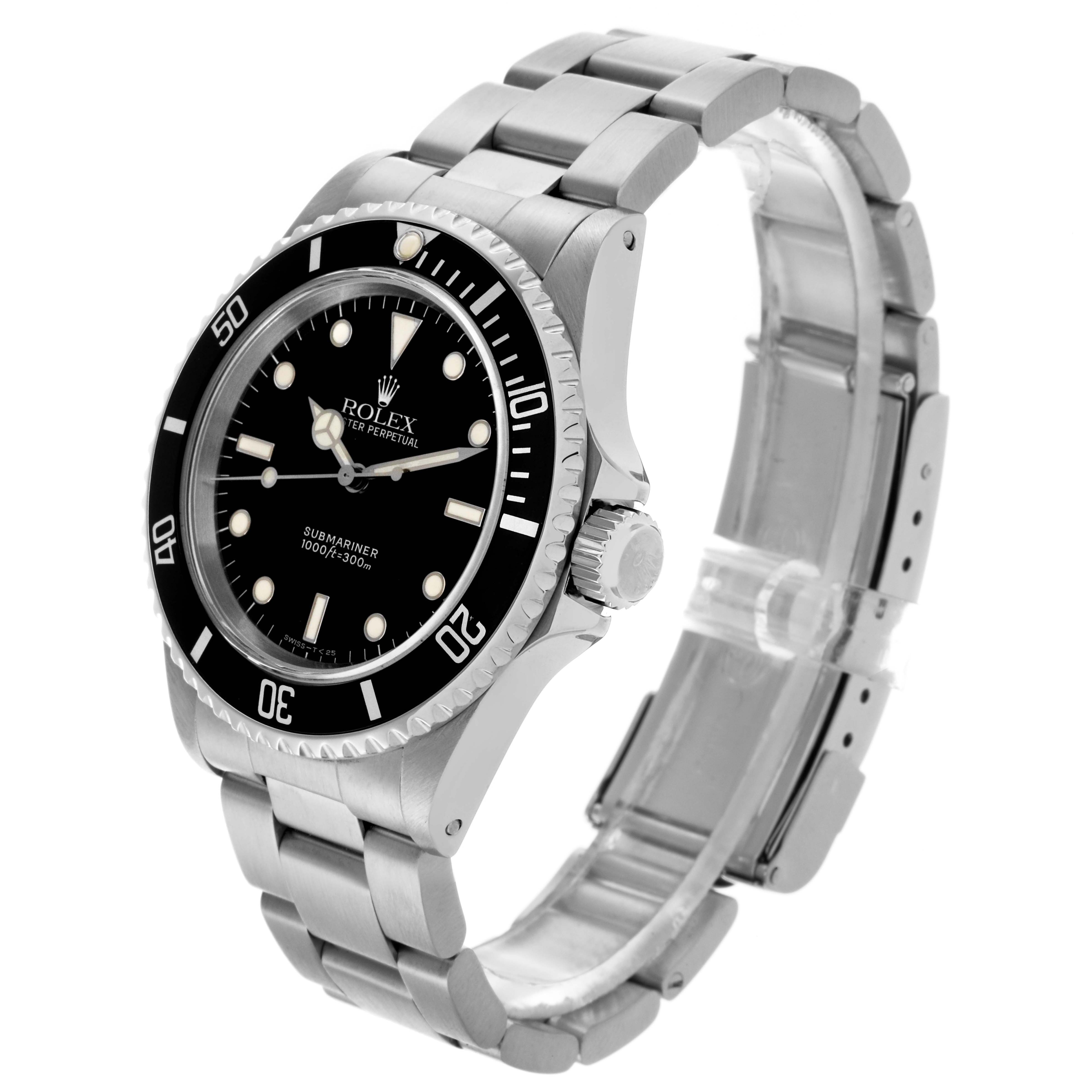 The Rolex Submariner 14060 Men's Stainless Steel Black Dial 14060 Men's Stainless Steel Black Dial watch is shown at an angled view, highlighting the bezel, dial, and bracelet.