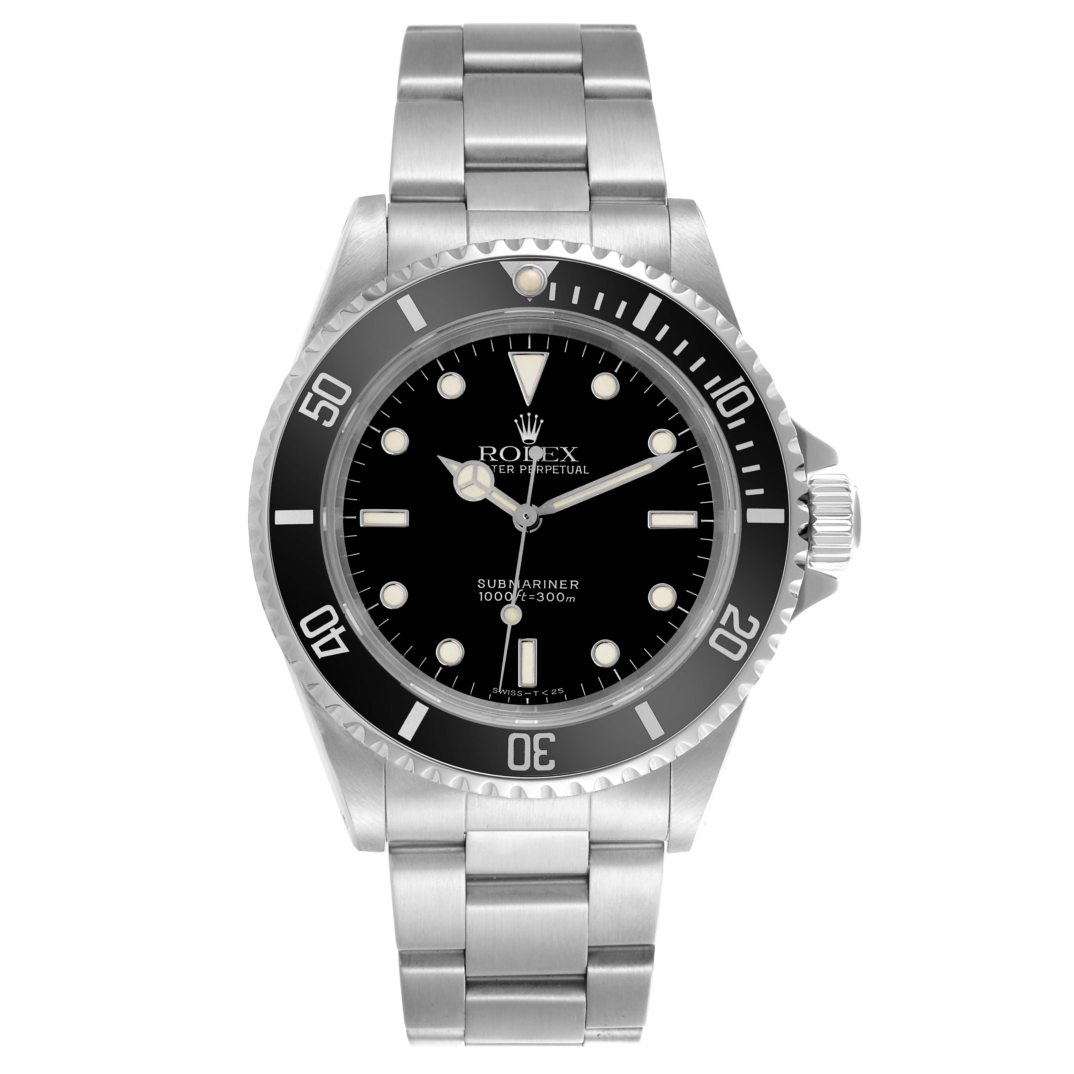 The image shows a front view of the Rolex Submariner 14060 Men's Stainless Steel Black Dial 14060 Men's Stainless Steel Black Dial, highlighting the black bezel, dial, and stainless steel bracelet.
