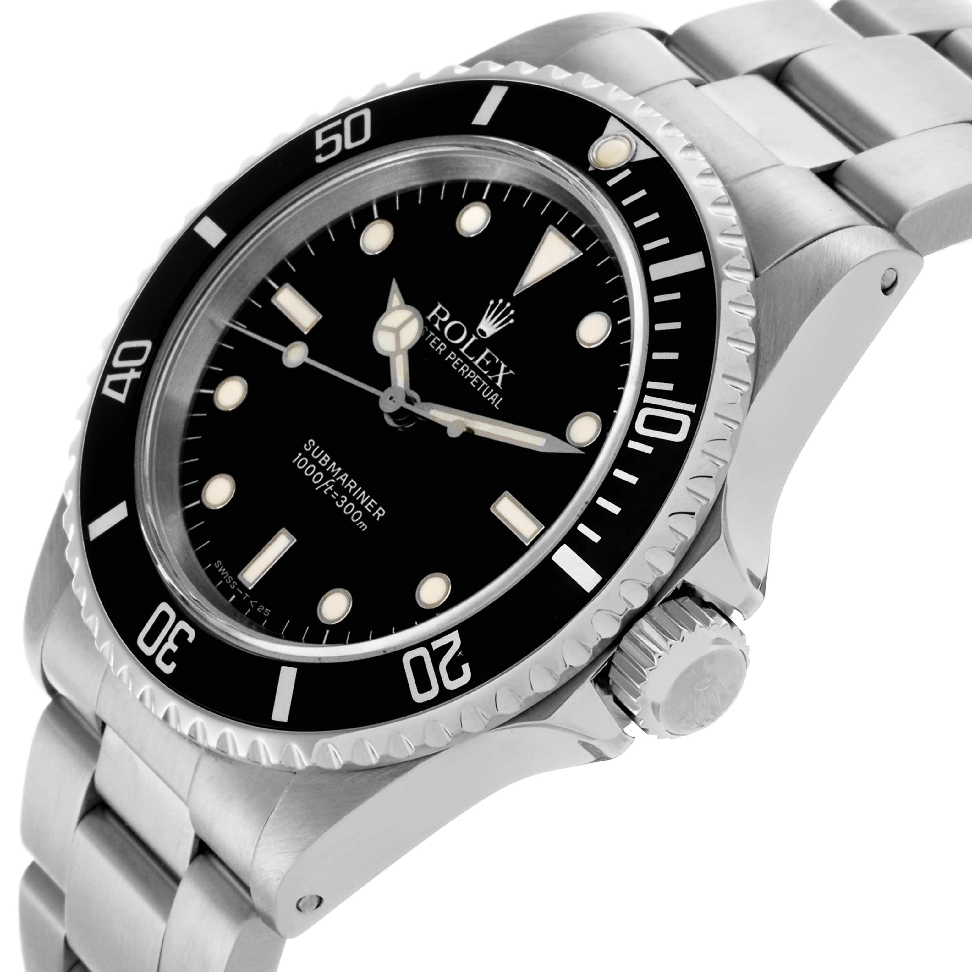 The Rolex Submariner 14060 Men's Stainless Steel Black Dial 14060 Men's Stainless Steel Black Dial is shown at an angled side view highlighting the bezel, dial, crown, and stainless steel bracelet.