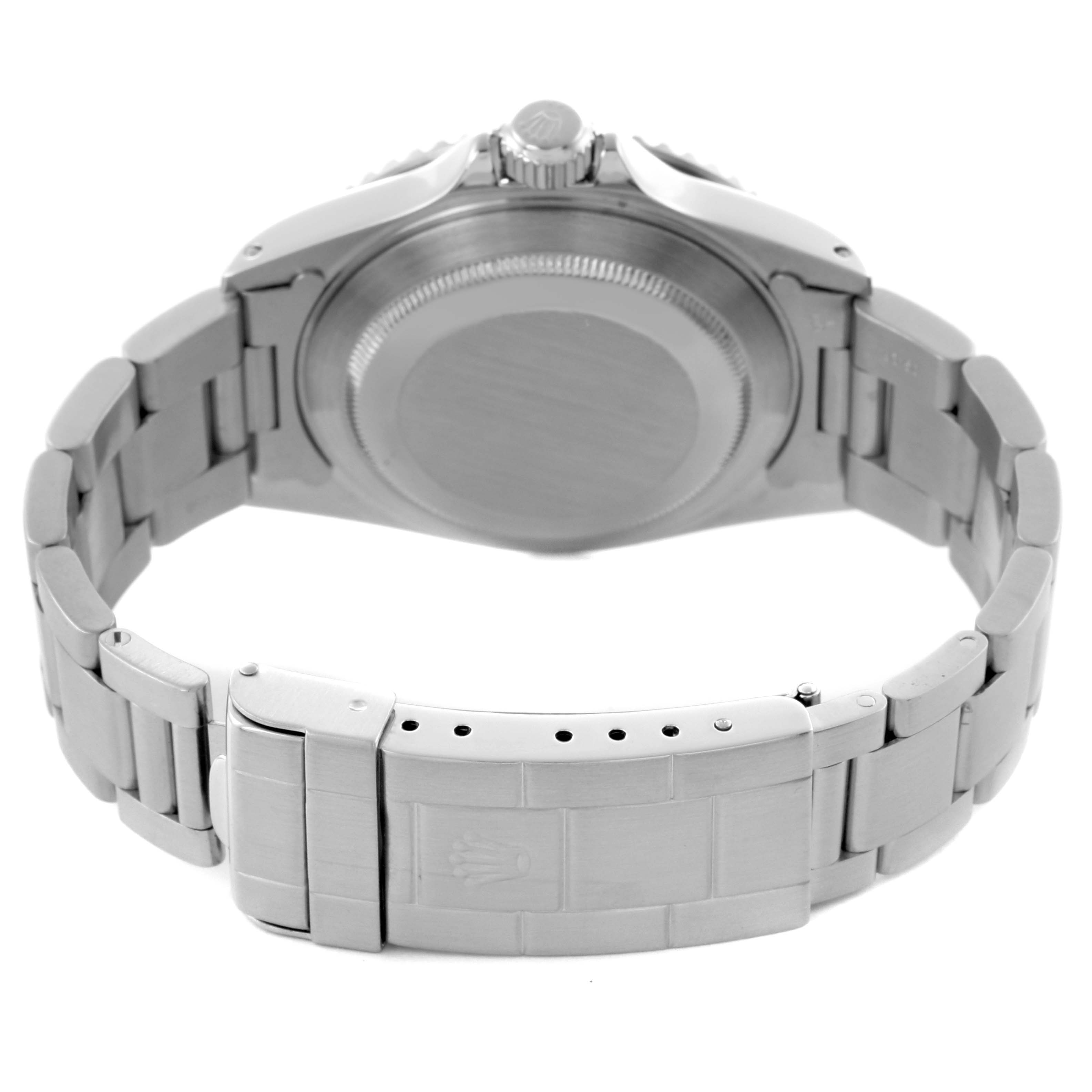 The image shows the back view of the Rolex Submariner 14060 Men's Stainless Steel Black Dial 14060 Men's Stainless Steel Black Dial watch, highlighting its case back, bracelet, and clasp.