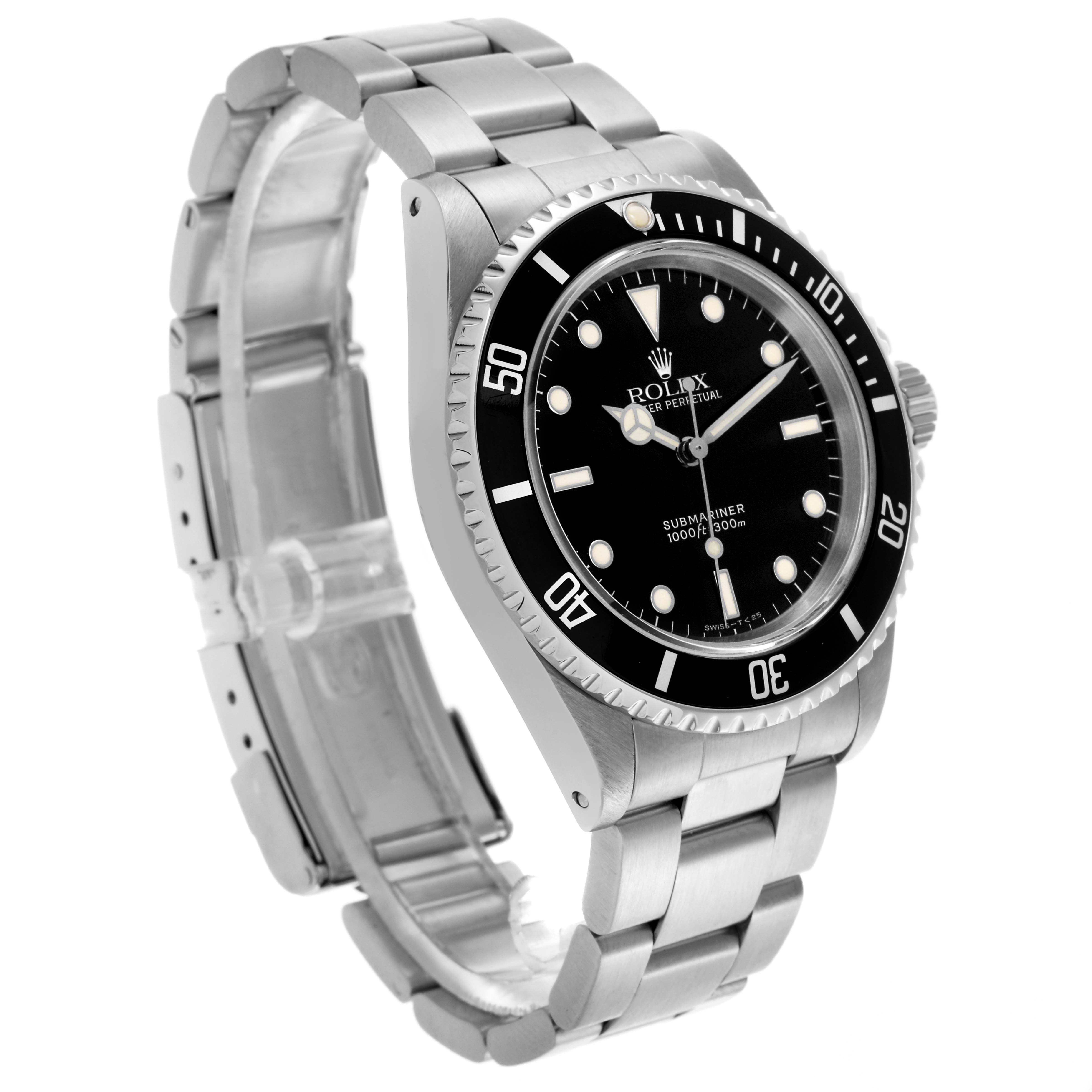 The Rolex Submariner 14060 Men's Stainless Steel Black Dial 14060 Men's Stainless Steel Black Dial is shown at a three-quarter angle, highlighting the dial, bezel, case, and bracelet.