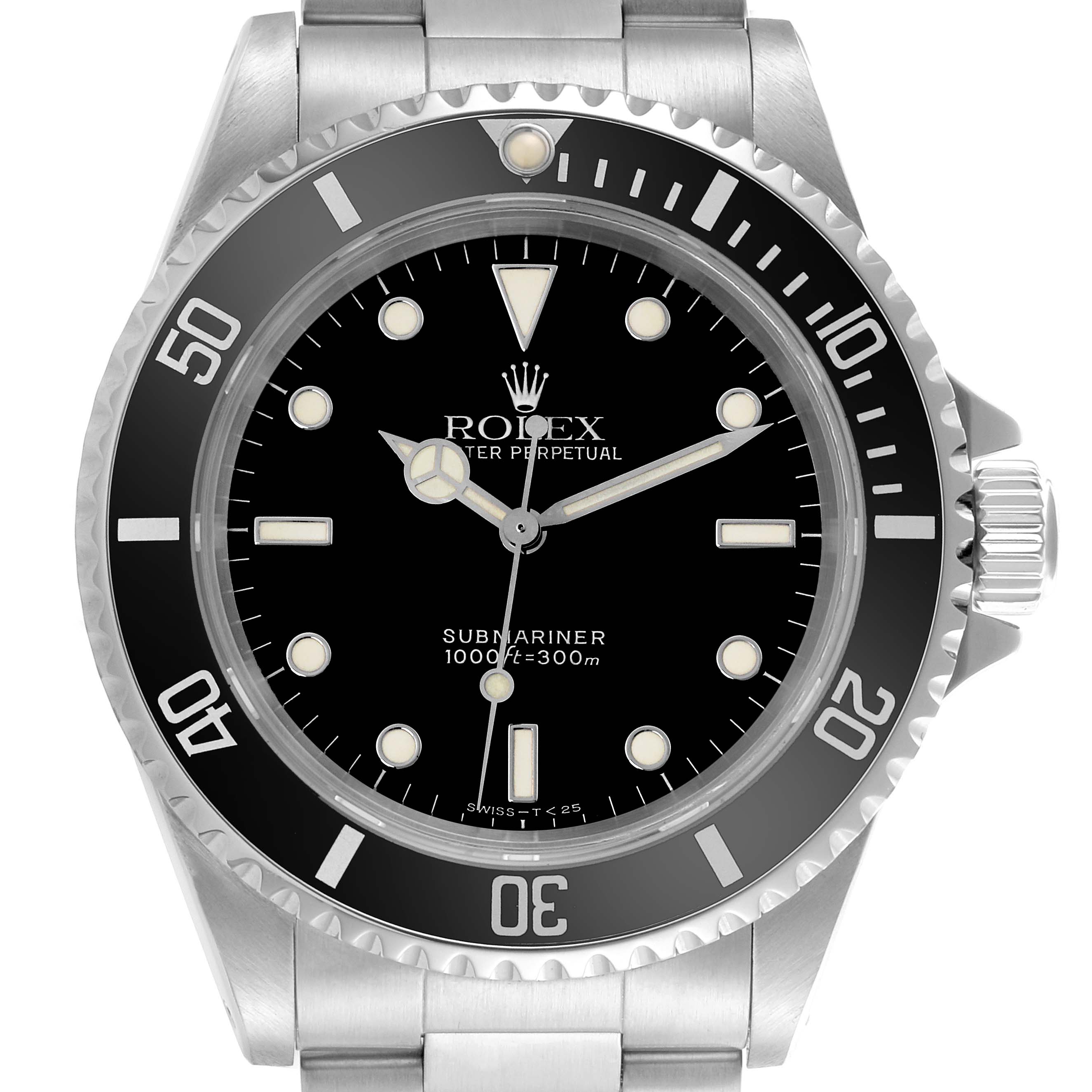 The Rolex Submariner 14060 Men's Stainless Steel Black Dial 14060 Men's Stainless Steel Black Dial watch is shown from the front, displaying the bezel, dial, hands, and part of the bracelet.