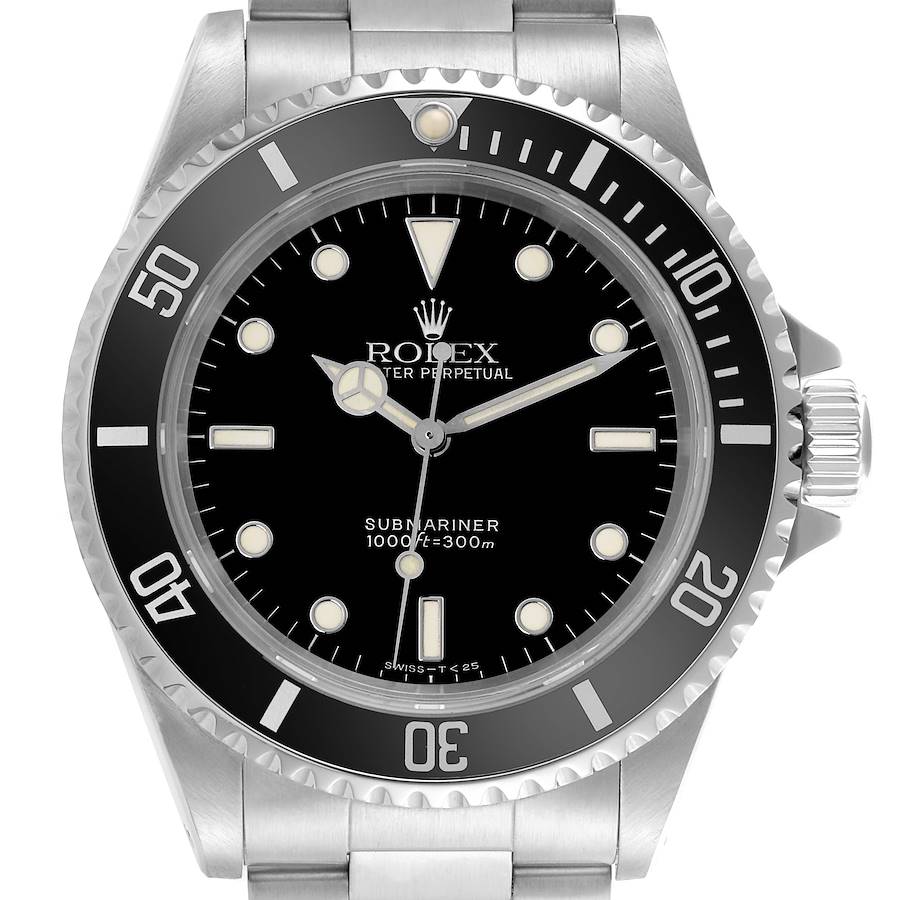 The Rolex Submariner watch is shown from the front, displaying the bezel, dial, hands, and part of the bracelet.