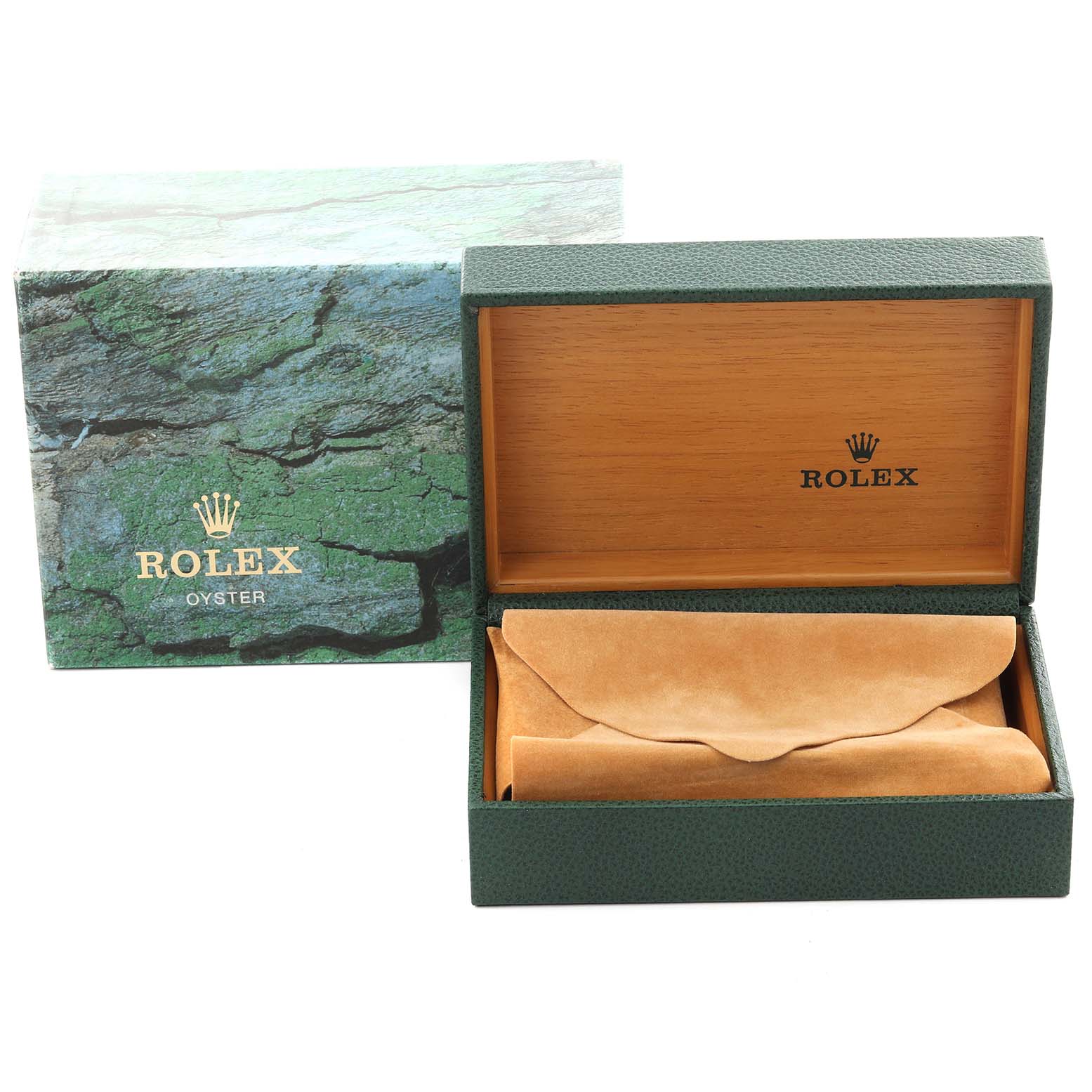 The image shows a Rolex Submariner 14060 Men's Stainless Steel Black Dial 14060 Men's Stainless Steel Black Dial packaging with a green textured box, brown interior, and a suede pouch.
