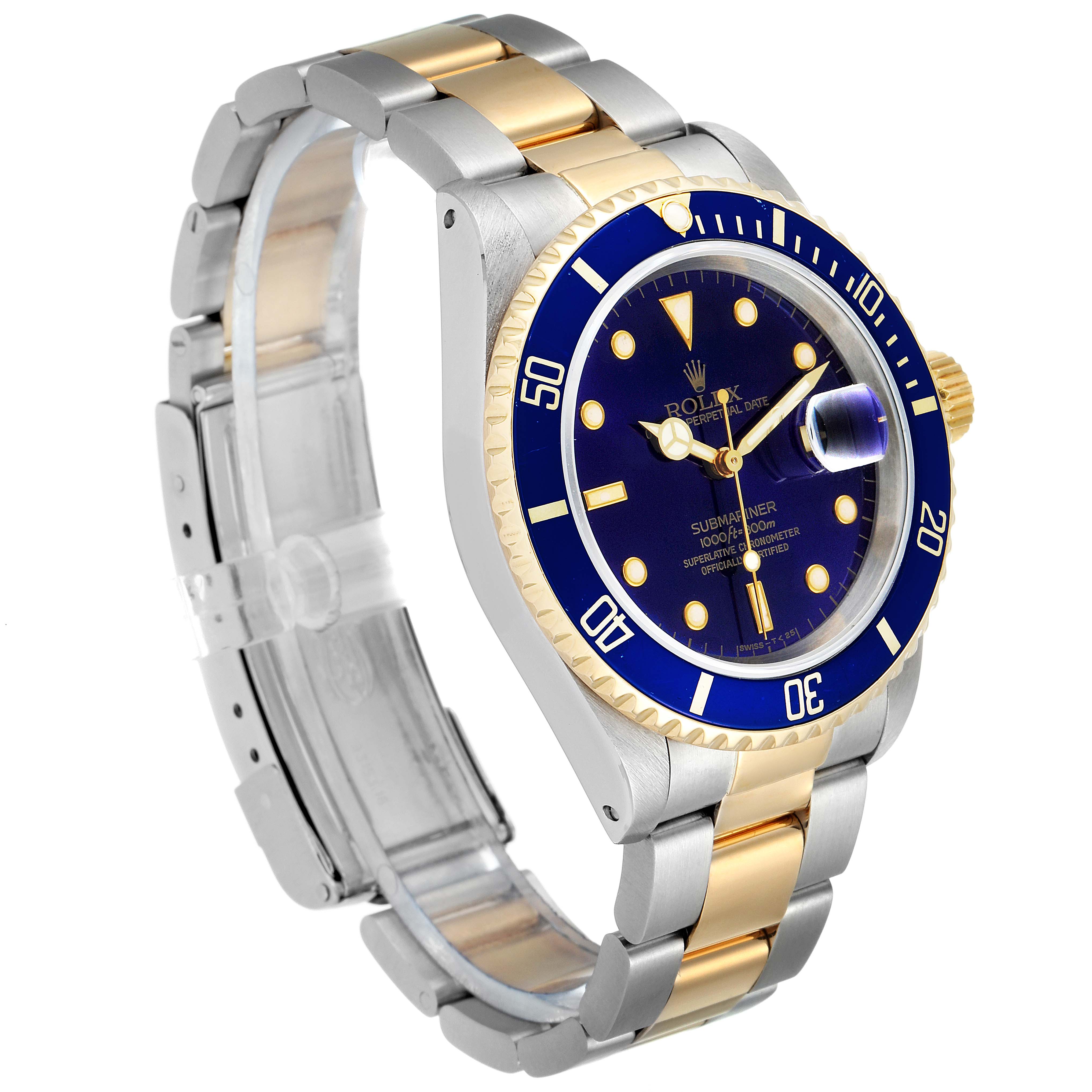 The Rolex Submariner 16613 Men
s Steel and Gold (two tone) Blue Dial 16613 Men
s Steel and Gold (two tone) Blue Dial watch is shown at an angle, displaying the face, bezel, crown, and bracelet.