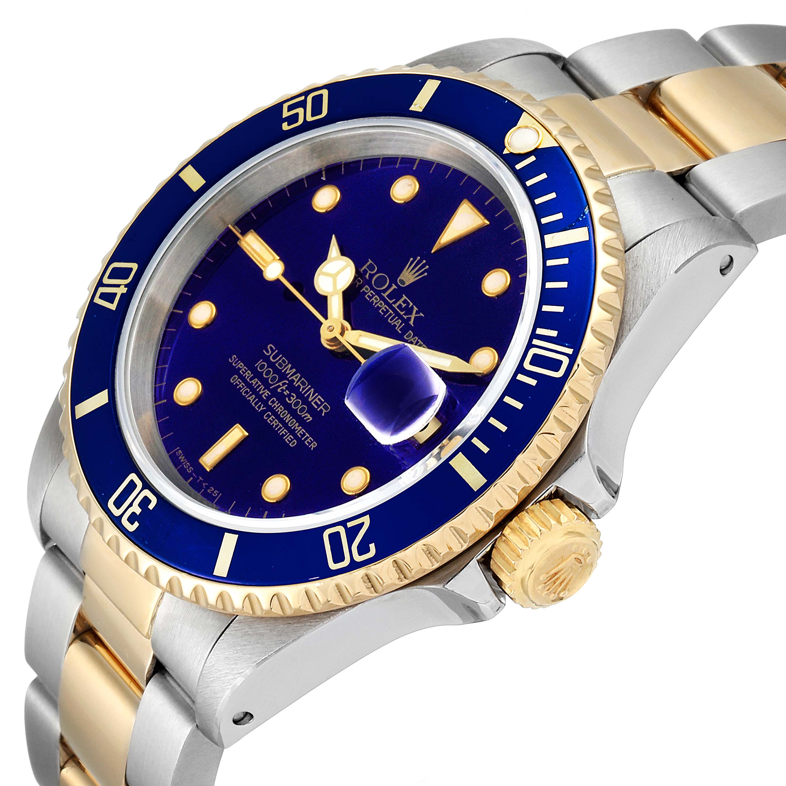 This image shows a side angle of the Rolex Submariner 16613 Men
s Steel and Gold (two tone) Blue Dial 16613 Men
s Steel and Gold (two tone) Blue Dial watch, highlighting the bezel, crown, and part of the bracelet.