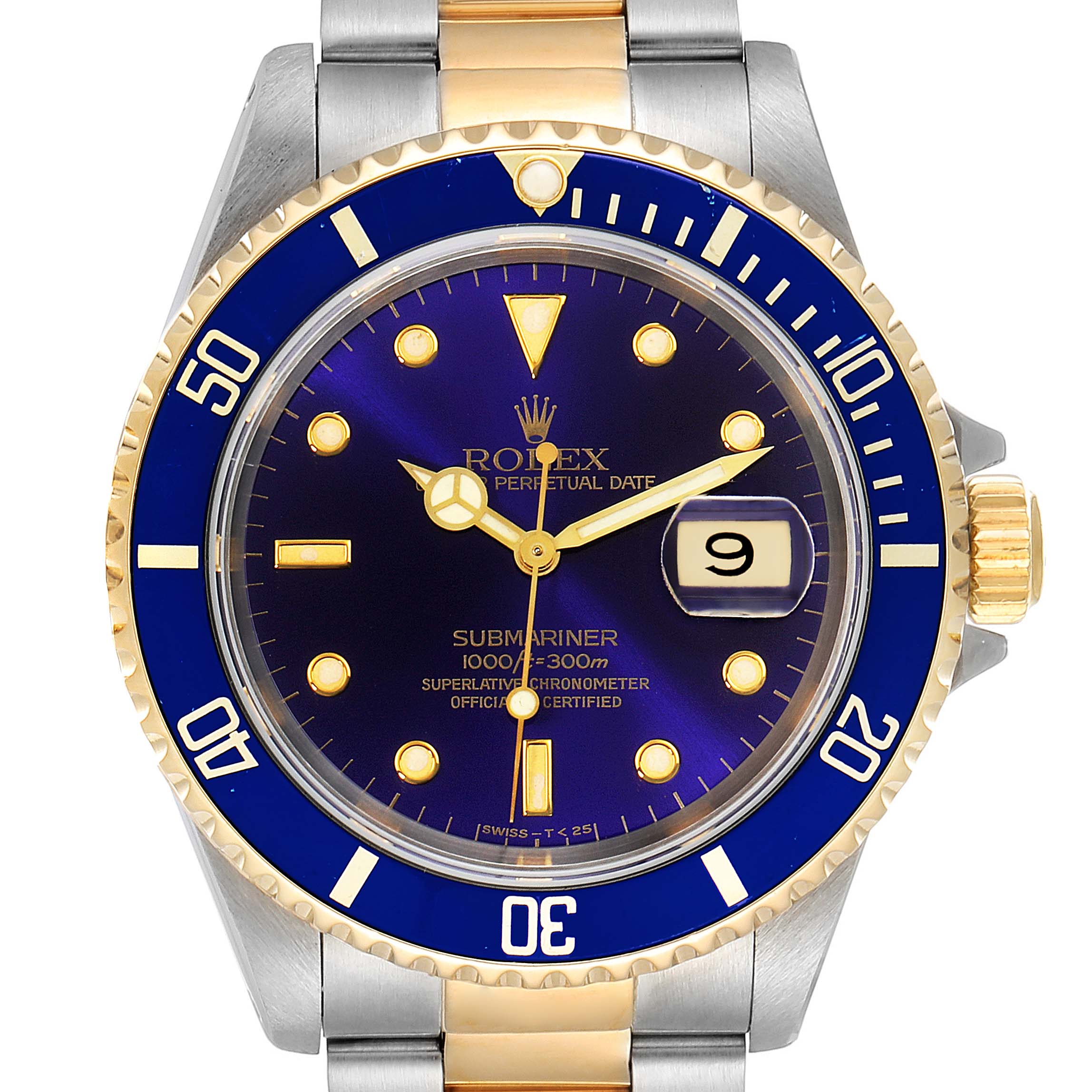 This is a front-facing view of a Rolex Submariner 16613 Men
s Steel and Gold (two tone) Blue Dial 16613 Men
s Steel and Gold (two tone) Blue Dial watch, showing the dial, bezel, and part of the bracelet.