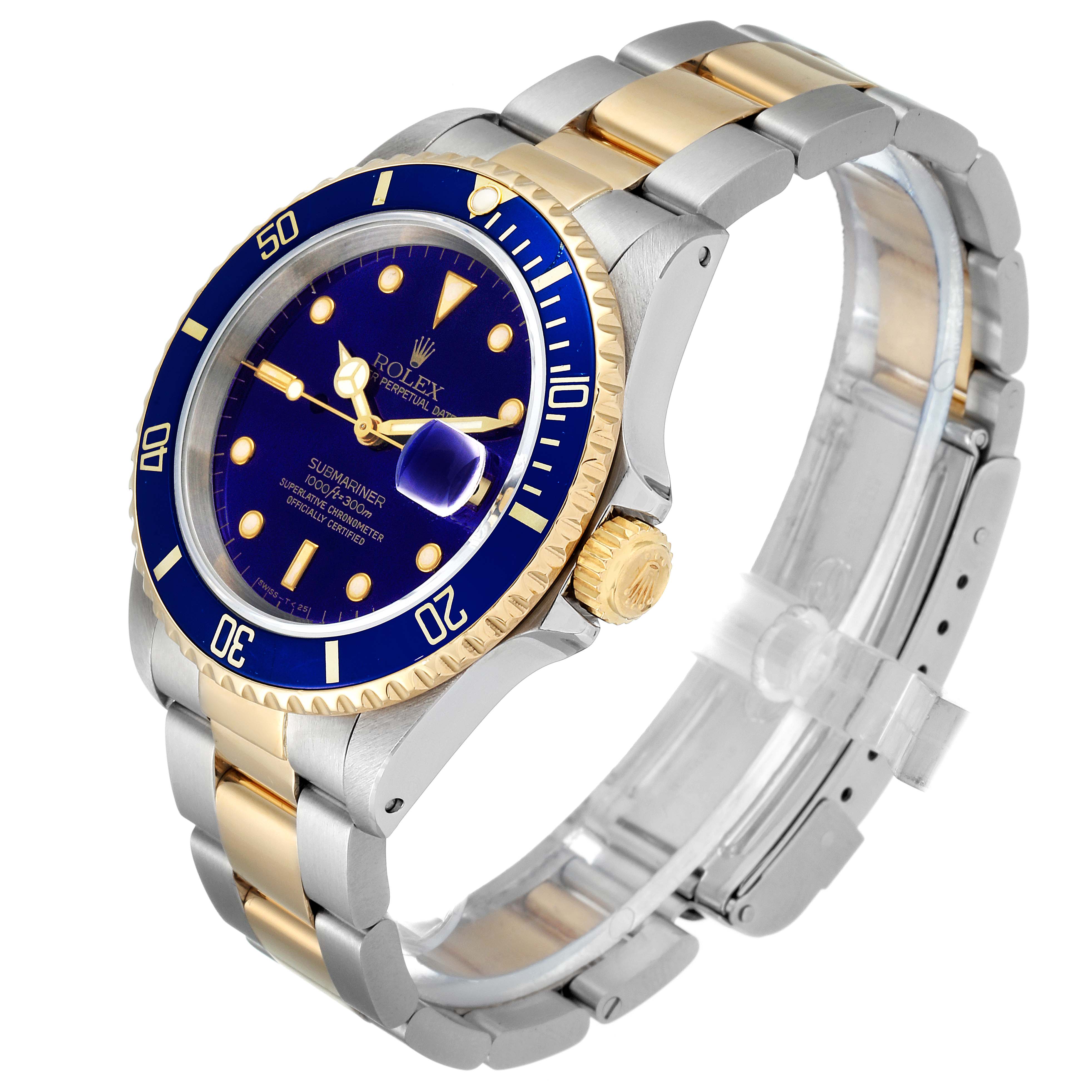 The image shows a Rolex Submariner 16613 Men
s Steel and Gold (two tone) Blue Dial 16613 Men
s Steel and Gold (two tone) Blue Dial watch at a three-quarter angle, displaying the bezel, dial, crown, and part of the bracelet.