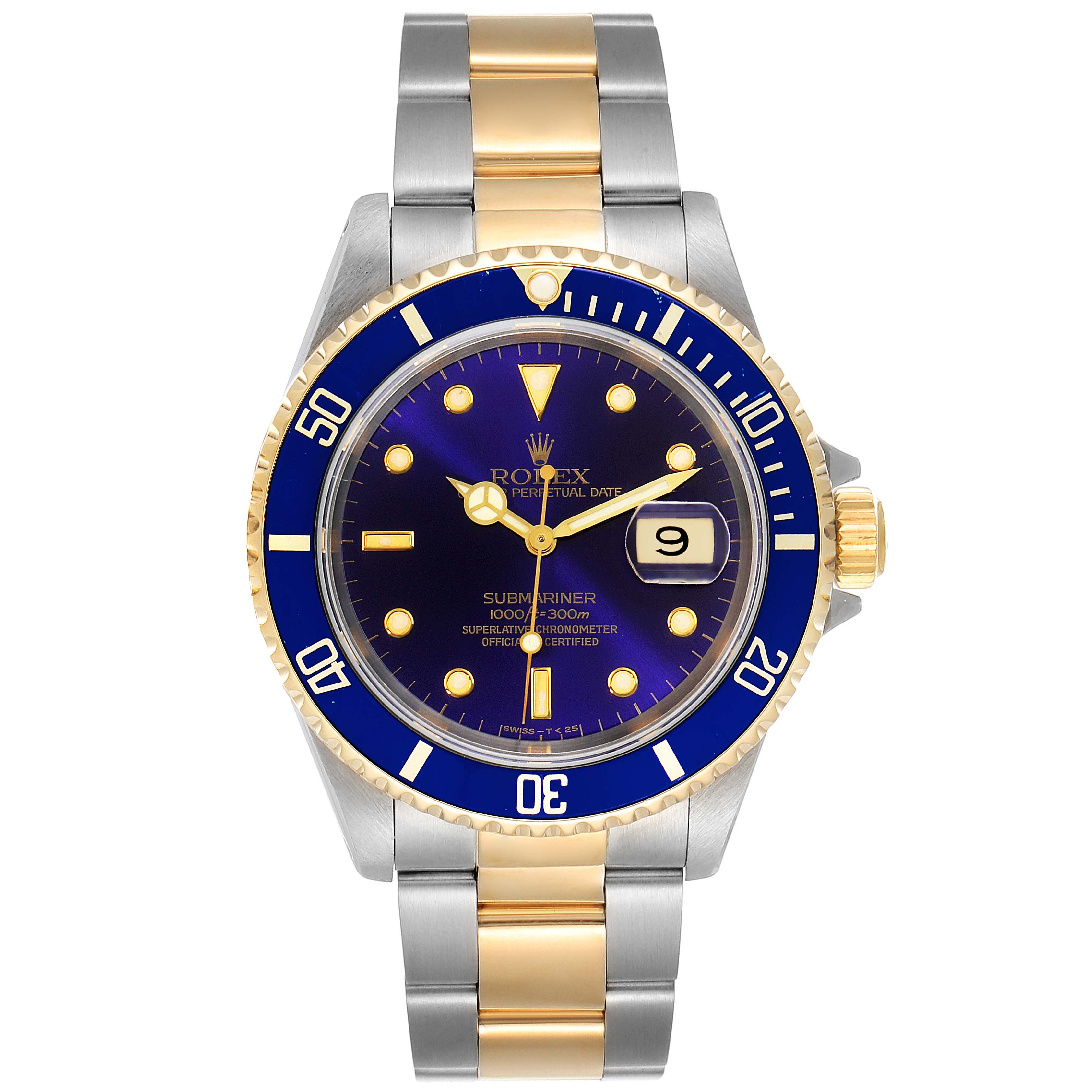 The image shows a front view of a Rolex Submariner 16613 Men
s Steel and Gold (two tone) Blue Dial 16613 Men
s Steel and Gold (two tone) Blue Dial
s dial, bezel, and bracelet.
