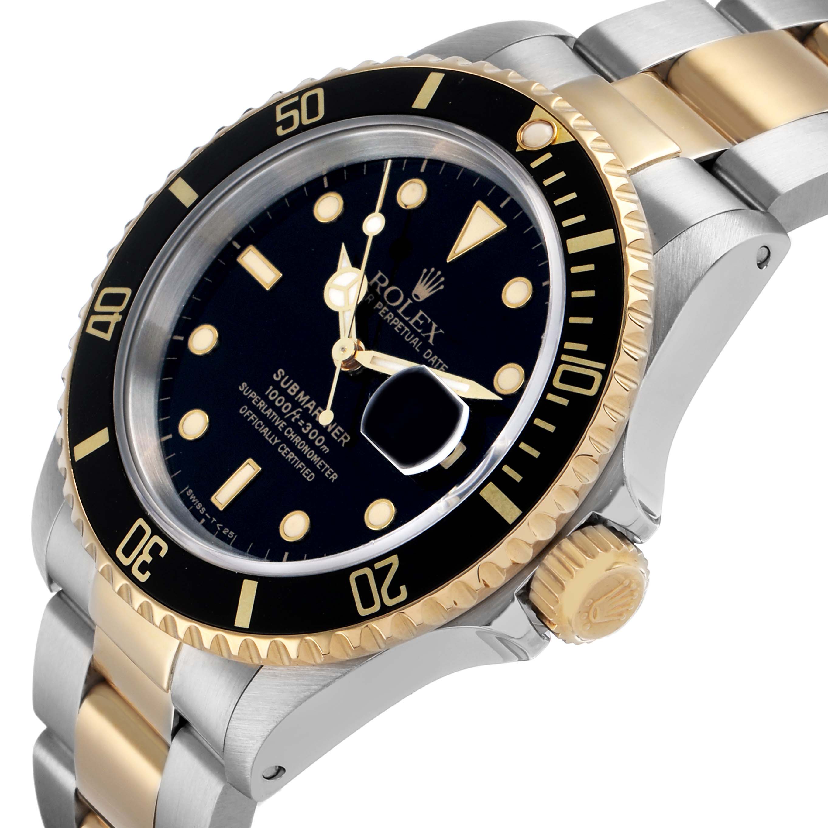The Rolex Submariner 16613 Men's Steel and Gold (two tone) Black Dial is shown at an angled view, highlighting the bezel, crown, and part of the bracelet.