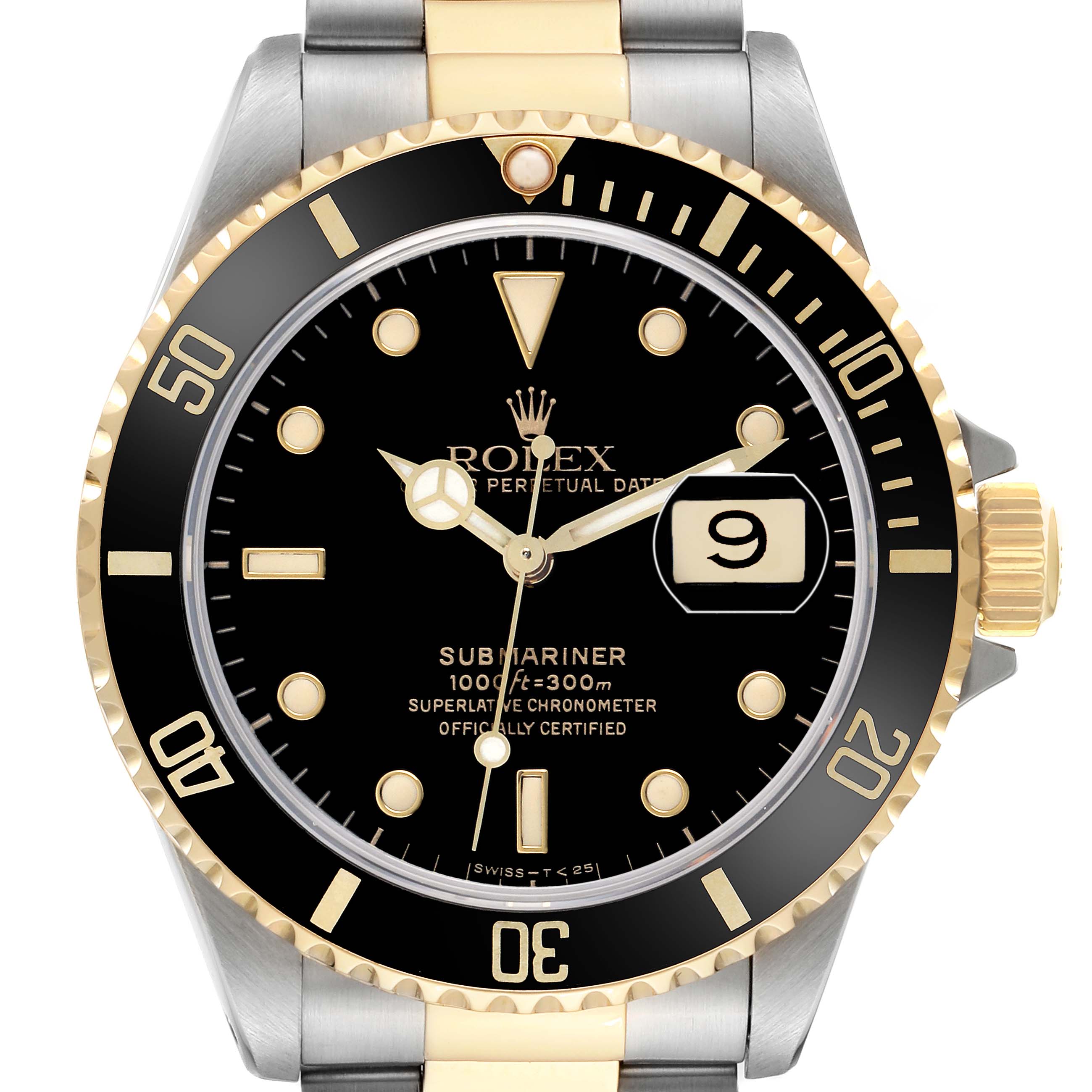 The image shows a Rolex Submariner 16613 Men's Steel and Gold (two tone) Black Dial watch face-up, displaying the bezel, dial, crown, and part of the bracelet.