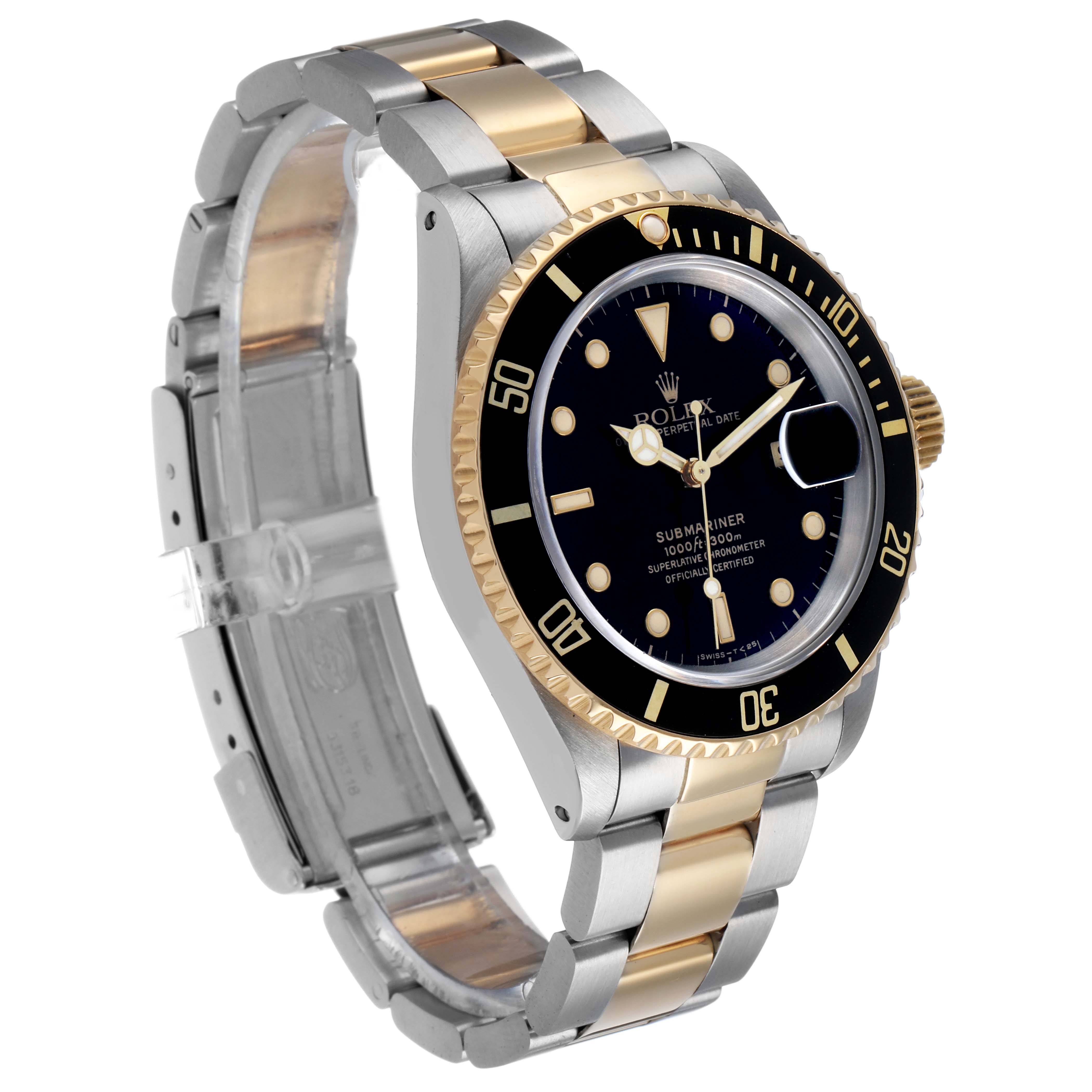 The Rolex Submariner 16613 Men's Steel and Gold (two tone) Black Dial watch is shown from a three-quarter angle, displaying the dial, bezel, and two-tone bracelet.
