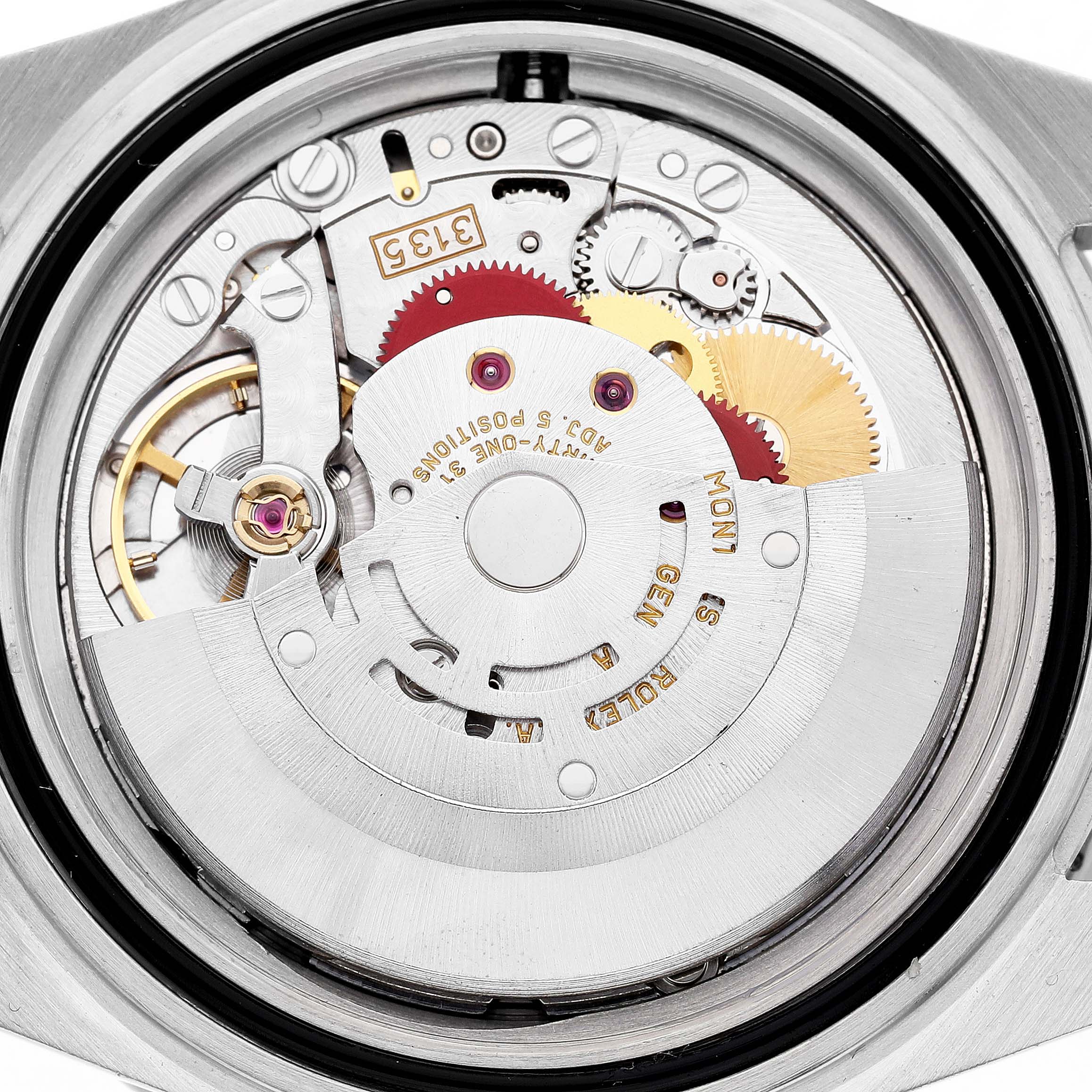 The image shows the movement mechanism of a Rolex Submariner 16613 Men's Steel and Gold (two tone) Black Dial watch from a top-down angle, highlighting gears and components.