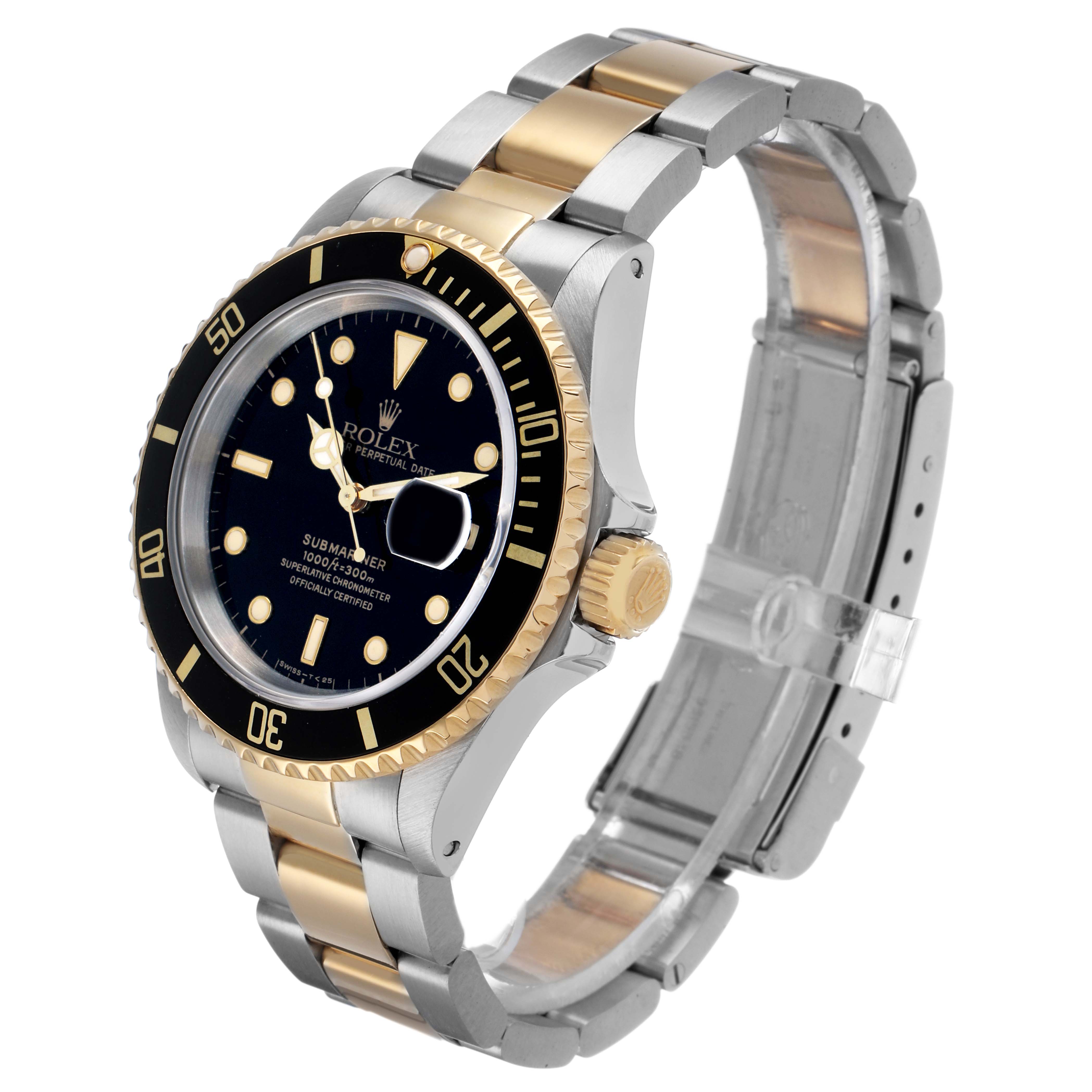 The Rolex Submariner 16613 Men's Steel and Gold (two tone) Black Dial watch is shown at a three-quarter angle, highlighting the face, bezel, crown, and two-tone bracelet.