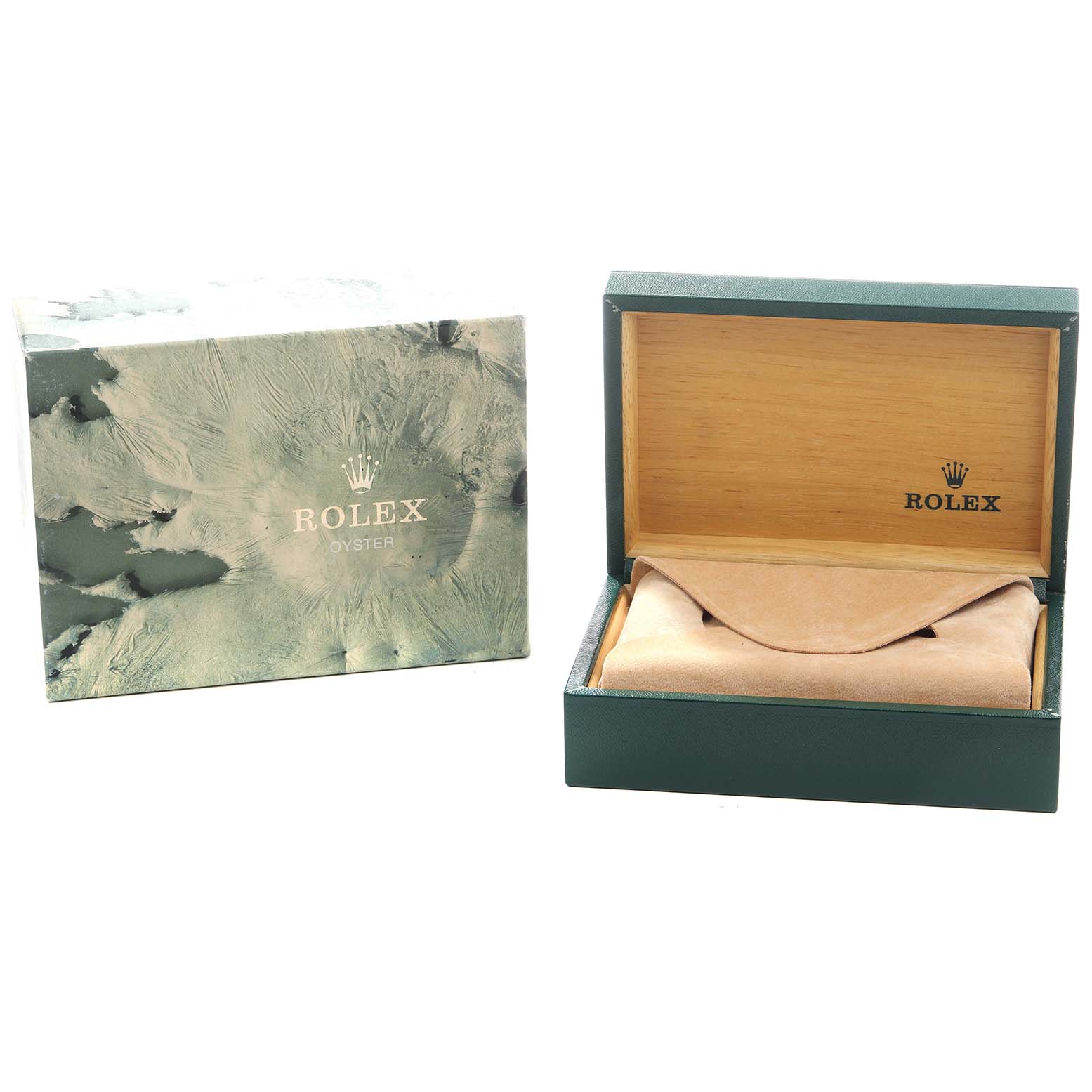 The image shows a Rolex Submariner 16613 Men's Steel and Gold (two tone) Black Dial watch box and outer box, with a plush interior for the watch.