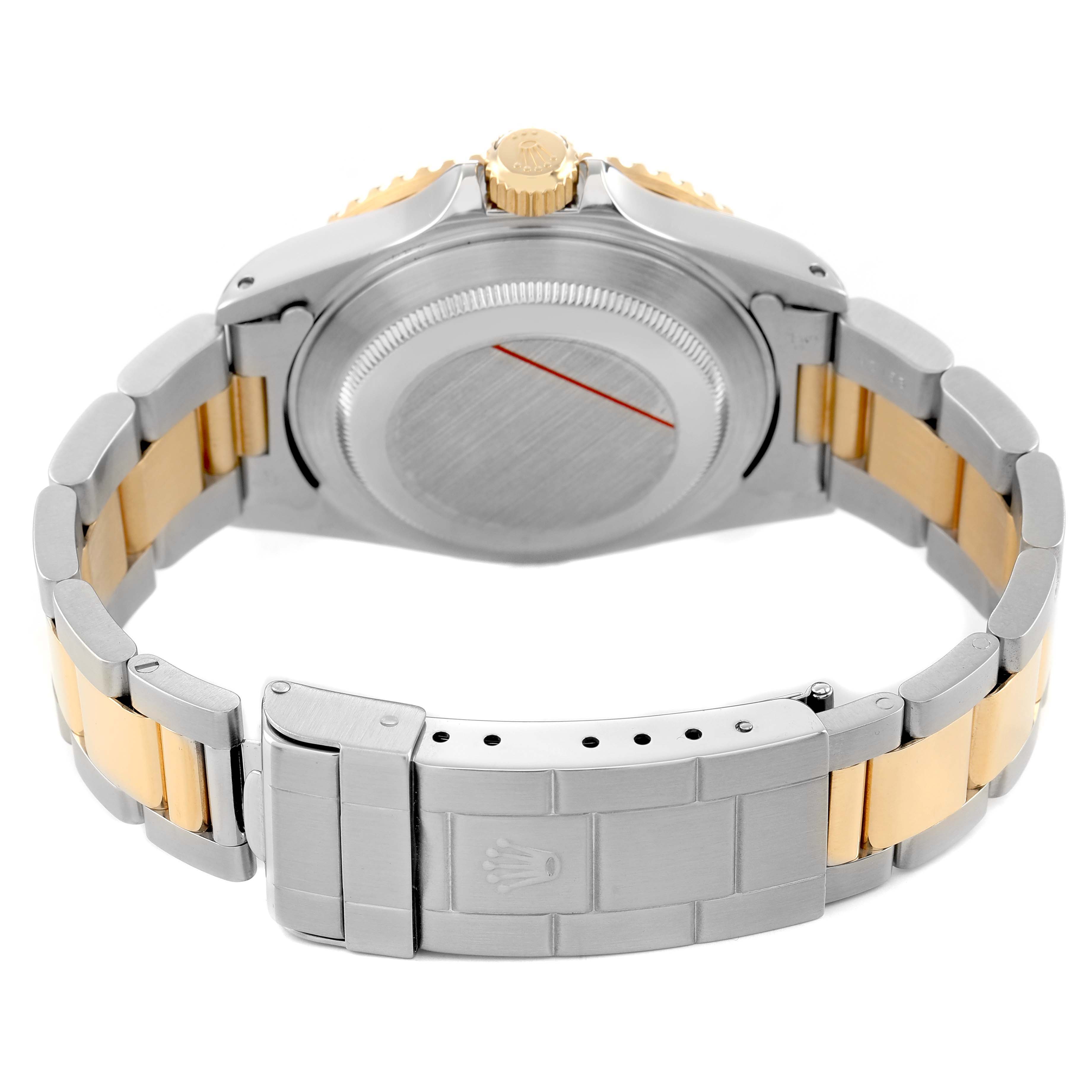 The image shows the back and bracelet of a Rolex Submariner 16613 Men's Steel and Gold (two tone) Blue Dial, highlighting the case back, crown, and two-tone bracelet.