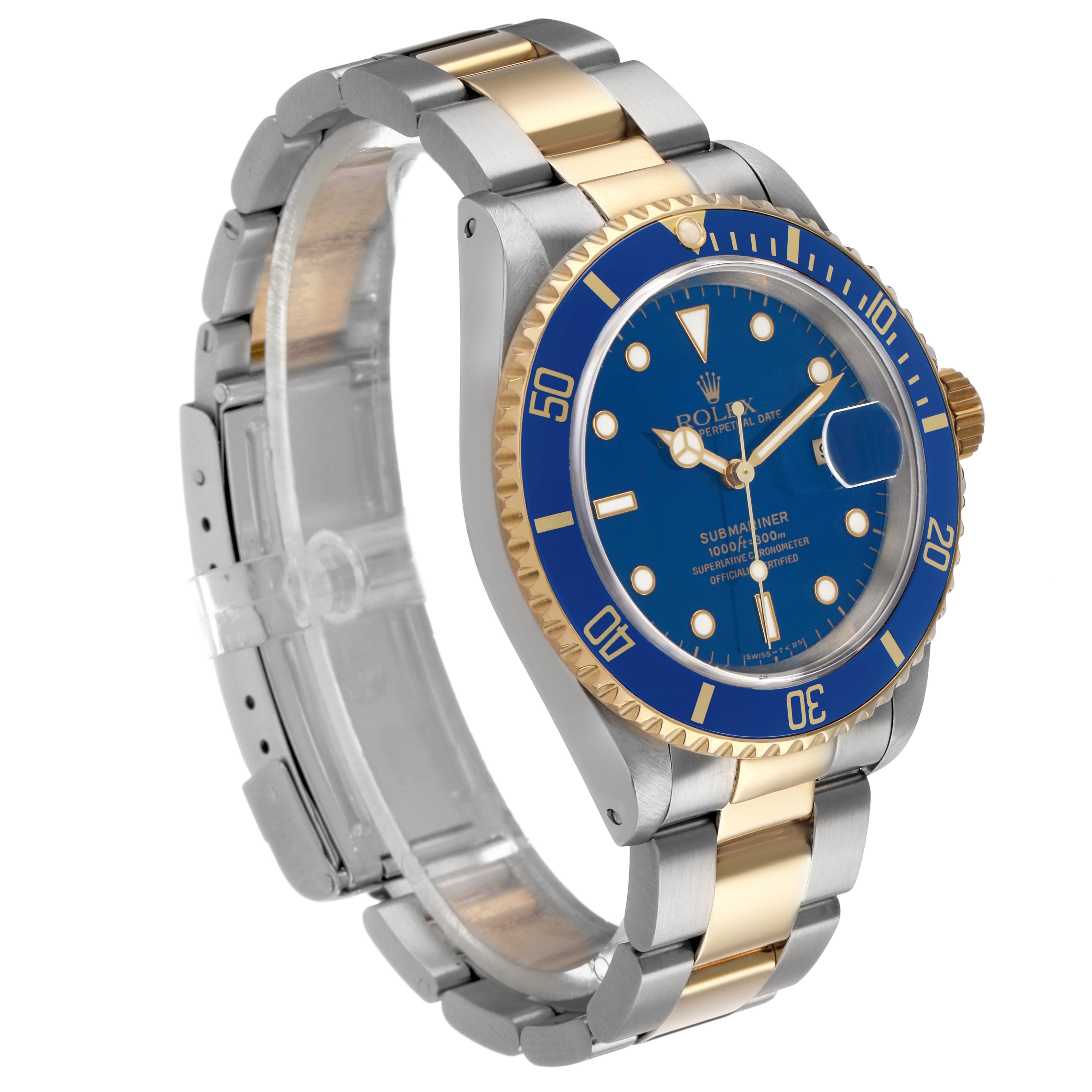 This Rolex Submariner 16613 Men's Steel and Gold (two tone) Blue Dial watch is shown at a three-quarter angle, highlighting the blue dial, gold and silver bracelet, and bezel.