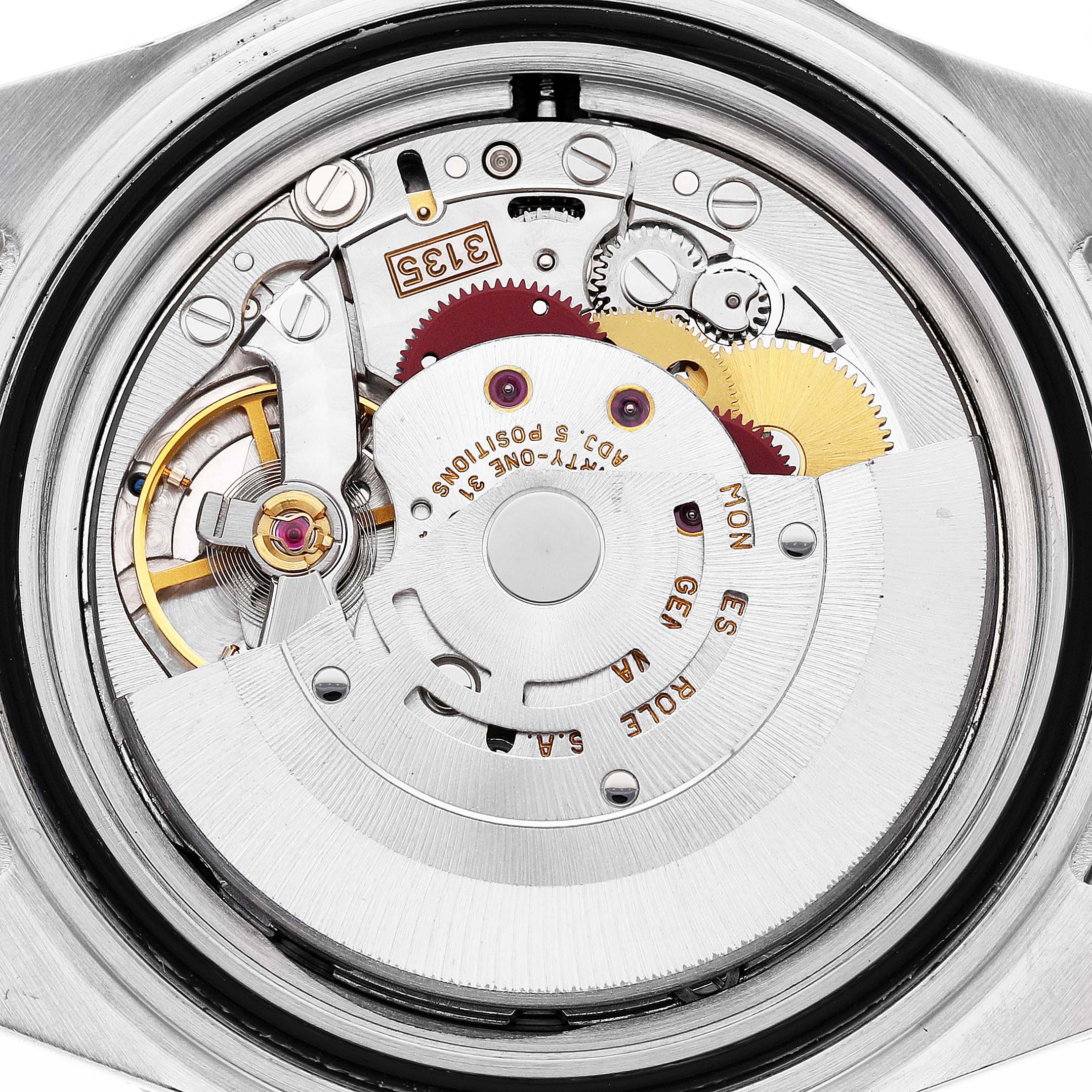 The image shows the movement mechanism of a Rolex Submariner 16613 Men's Steel and Gold (two tone) Blue Dial watch from a top-down angle.