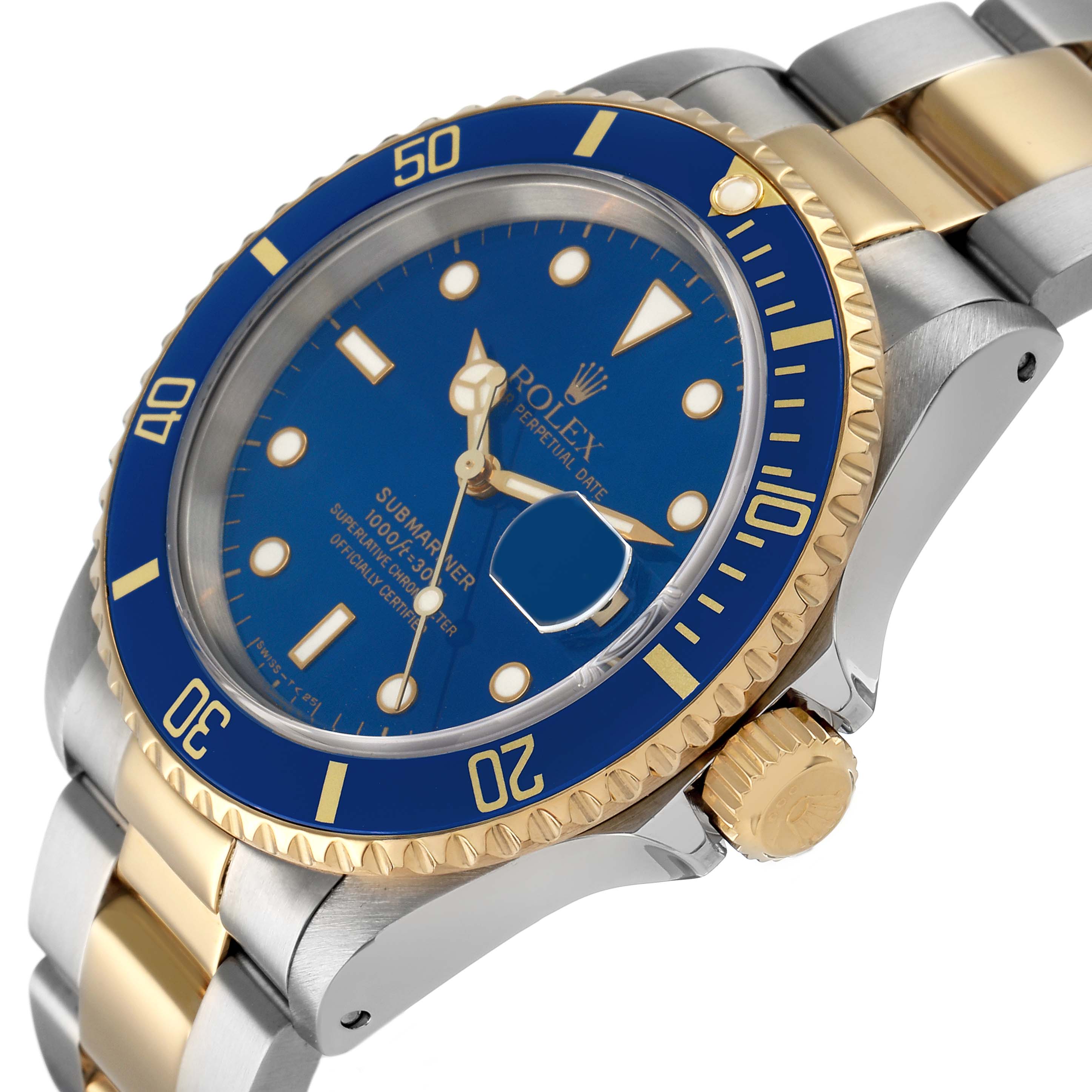 The Rolex Submariner 16613 Men's Steel and Gold (two tone) Blue Dial watch is shown at an angled side view, highlighting the blue bezel, dial, and two-tone bracelet.