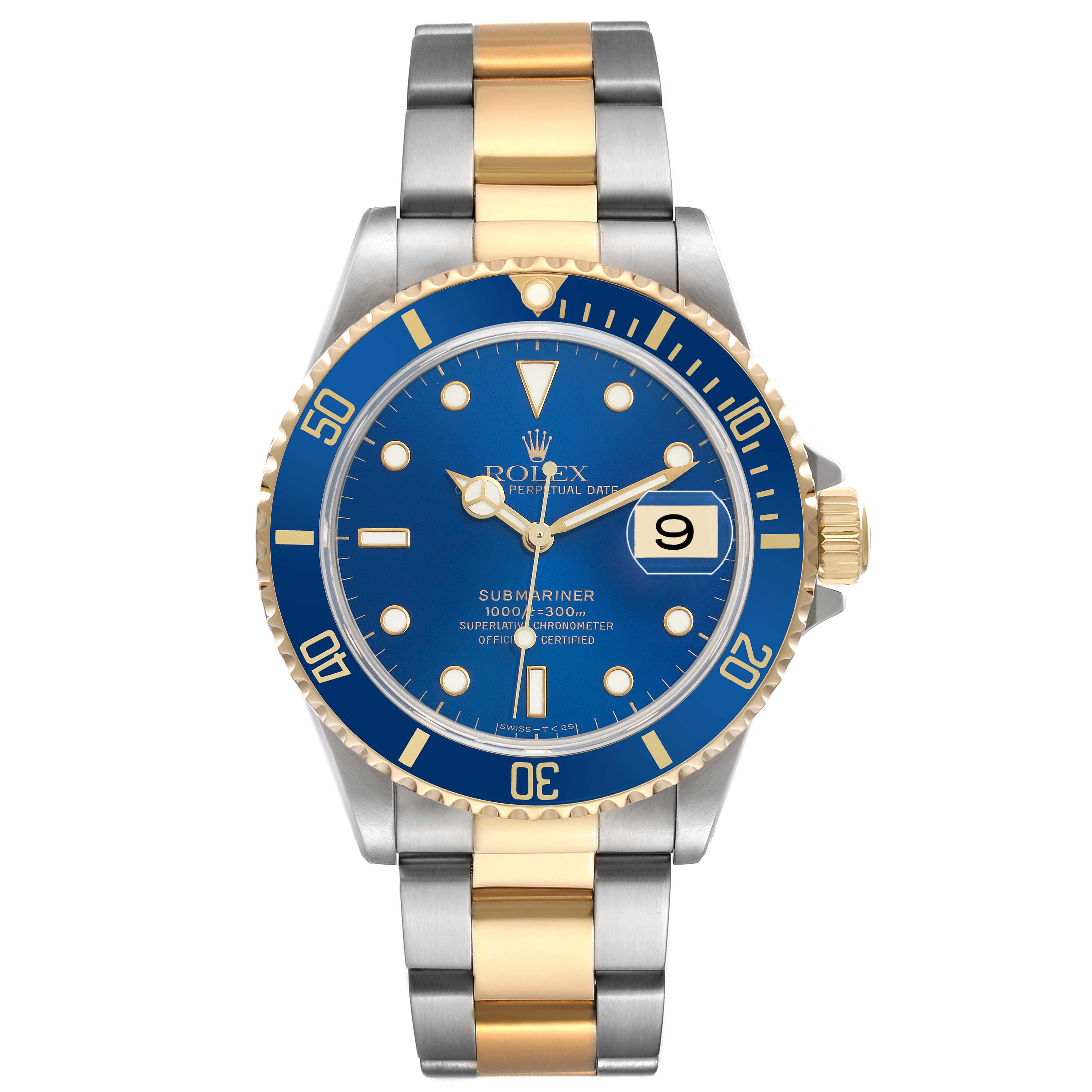 The Rolex Submariner 16613 Men's Steel and Gold (two tone) Blue Dial is shown from the front, featuring its blue dial, gold and silver bracelet, and visible date window.