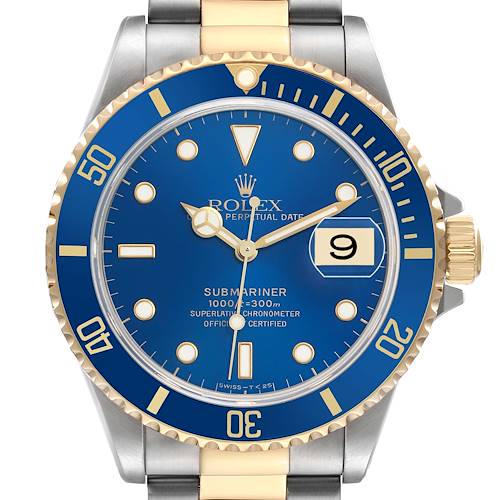 The Rolex Submariner 16613 Men's Steel and Gold (two tone) Blue Dial watch is shown from a front angle, displaying the dial, bezel, and part of the bracelet.