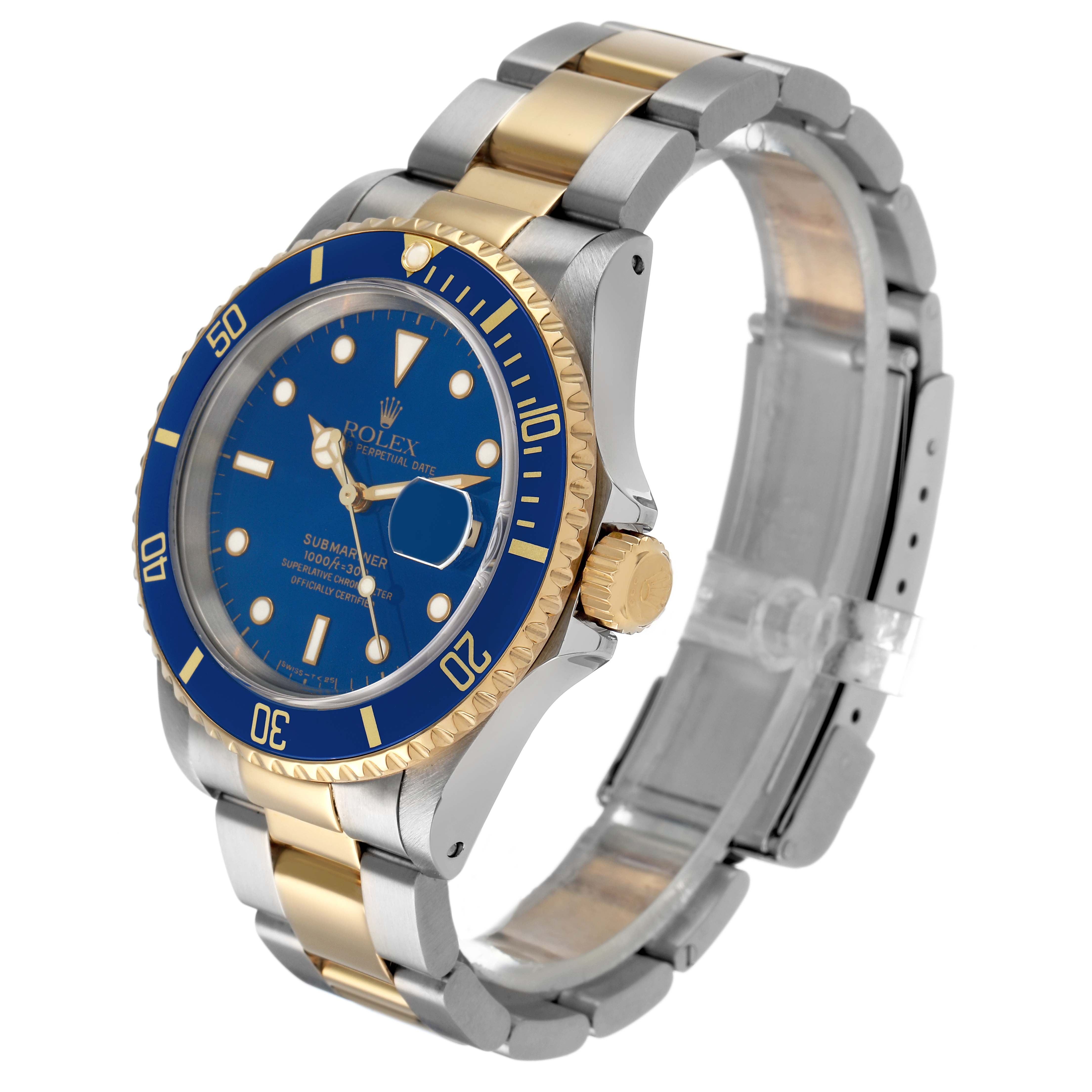 The Rolex Submariner 16613 Men's Steel and Gold (two tone) Blue Dial watch is shown at a slight angle, highlighting the blue dial, gold bezel, and stainless steel and gold bracelet.