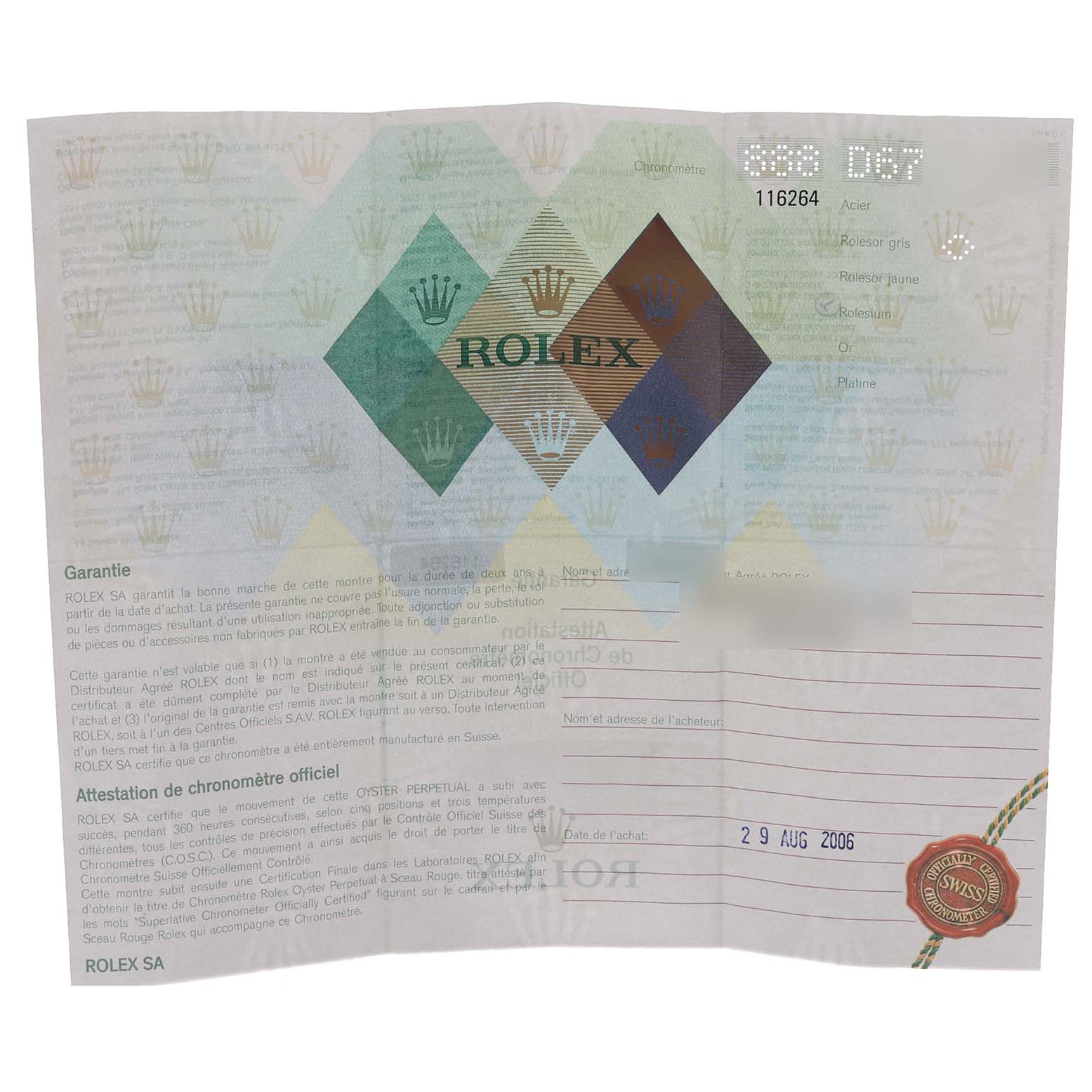 The image shows a warranty document for the Rolex Turn-o-Graph 116264 Men
s Stainless Steel White Dial 116264 Men
s Stainless Steel White Dial watch, featuring printed text and logos.