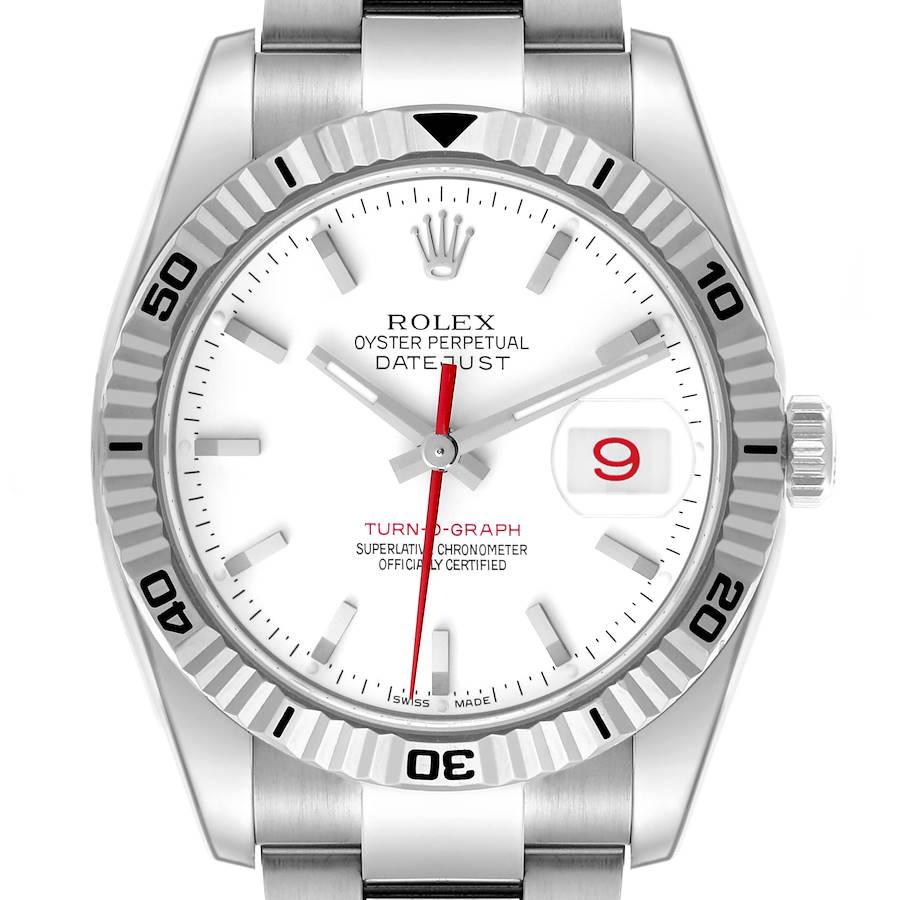 The Rolex Turn-o-Graph watch is shown from a front angle, highlighting the bezel, dial, hands, and bracelet.