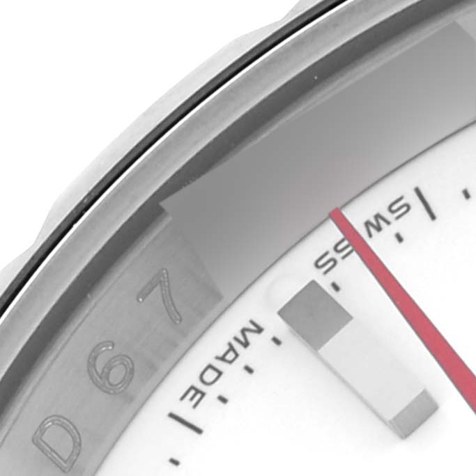The image shows a close-up of the dial and bezel of a Rolex Turn-o-Graph 116264 Men
s Stainless Steel White Dial 116264 Men
s Stainless Steel White Dial watch, focusing on the edge and "Swiss Made" text.