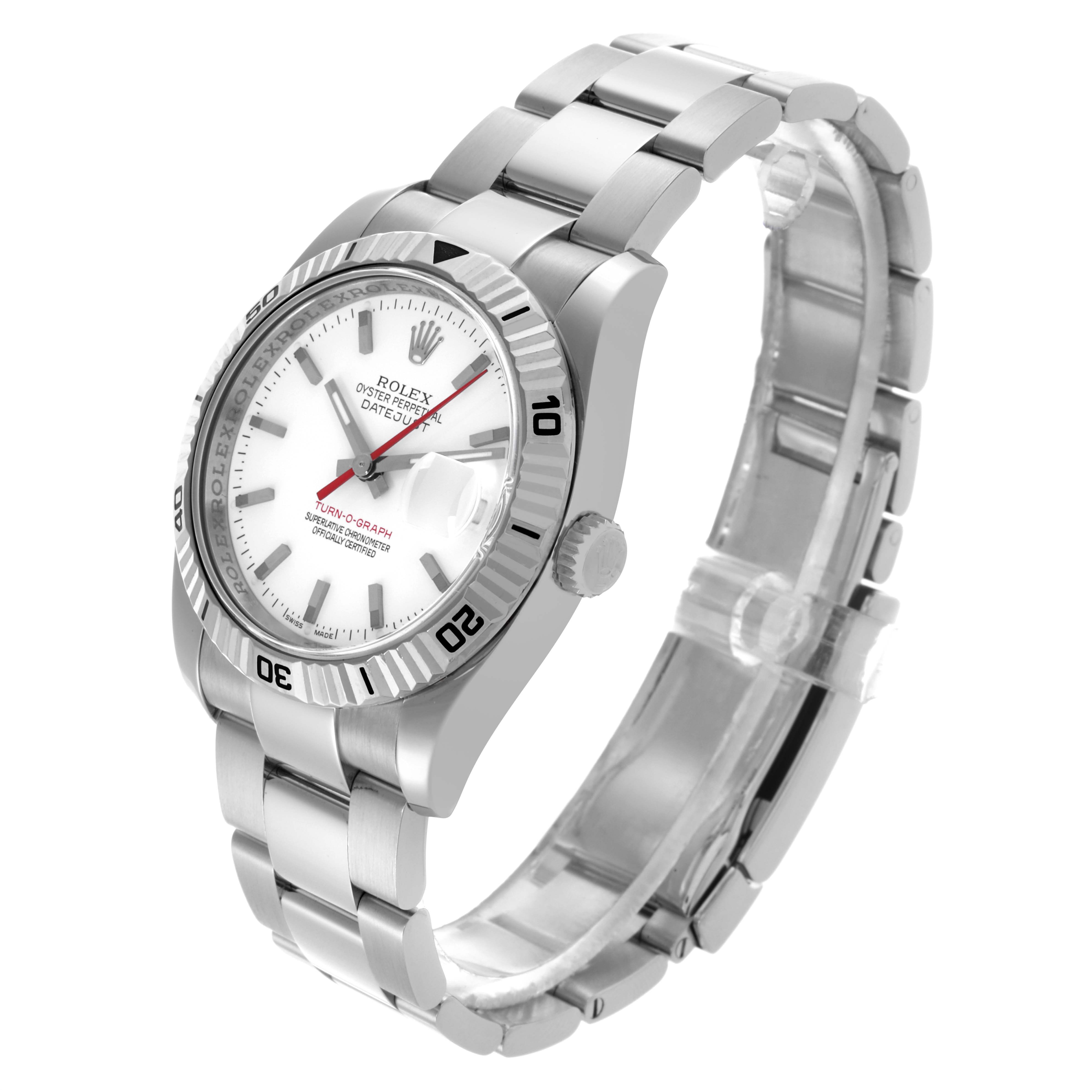 The Rolex Turn-o-Graph 116264 Men
s Stainless Steel White Dial 116264 Men
s Stainless Steel White Dial is shown at a three-quarter angle, displaying its dial, bezel, and bracelet.