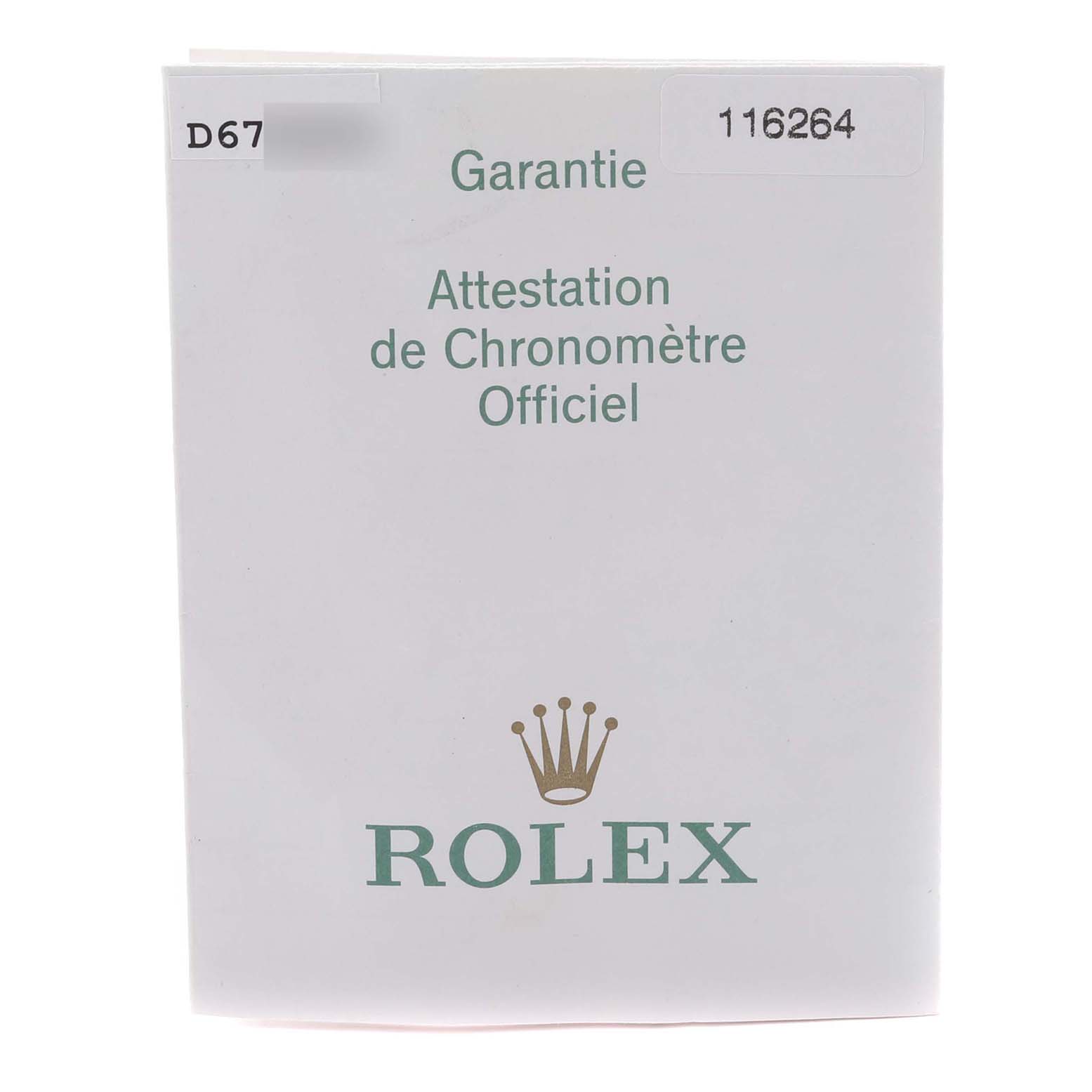 The image shows a warranty booklet for a Rolex Turn-o-Graph 116264 Men
s Stainless Steel White Dial 116264 Men
s Stainless Steel White Dial watch.