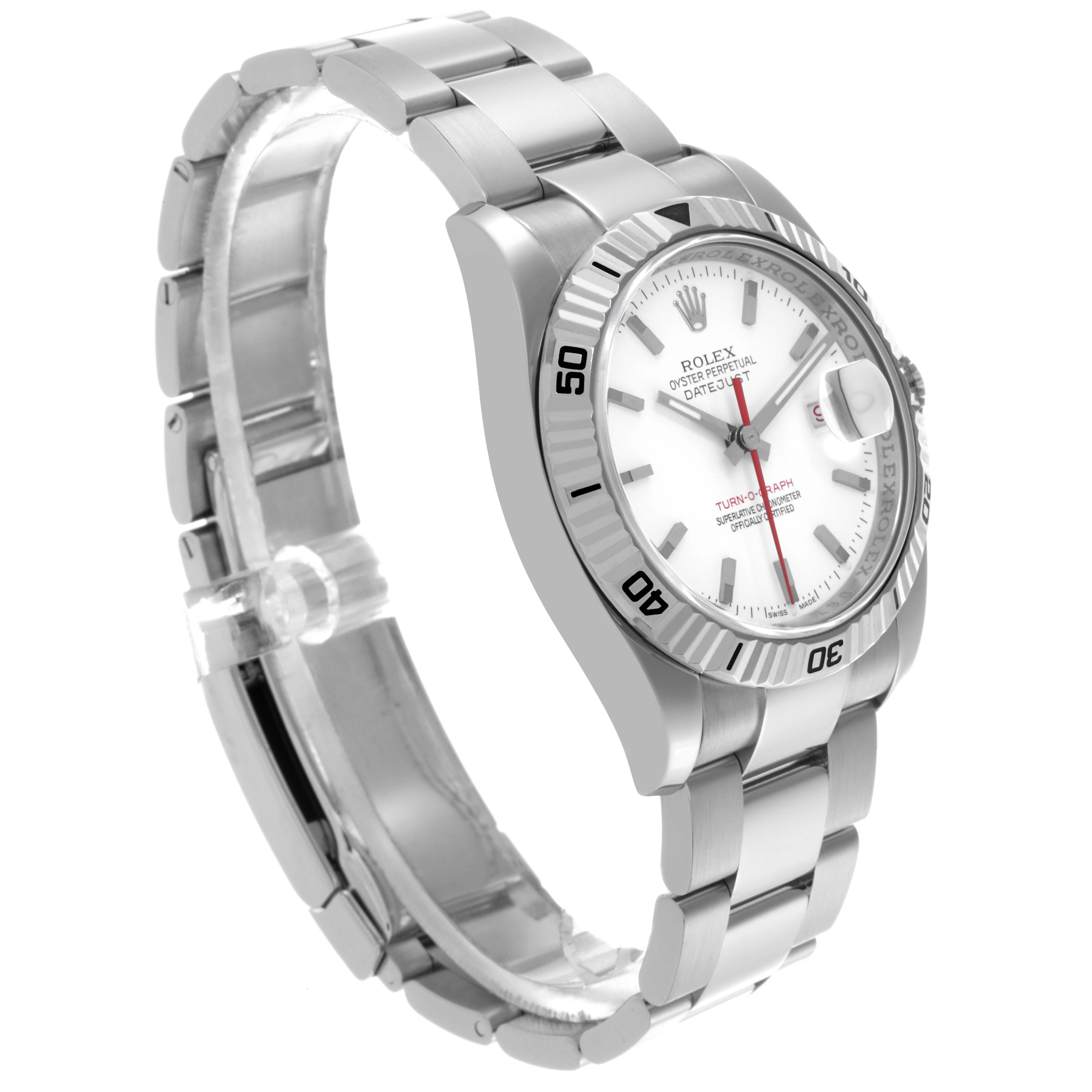 This image shows a Rolex Turn-o-Graph 116264 Men
s Stainless Steel White Dial 116264 Men
s Stainless Steel White Dial watch at a three-quarter angle, highlighting the bezel, dial, and bracelet.