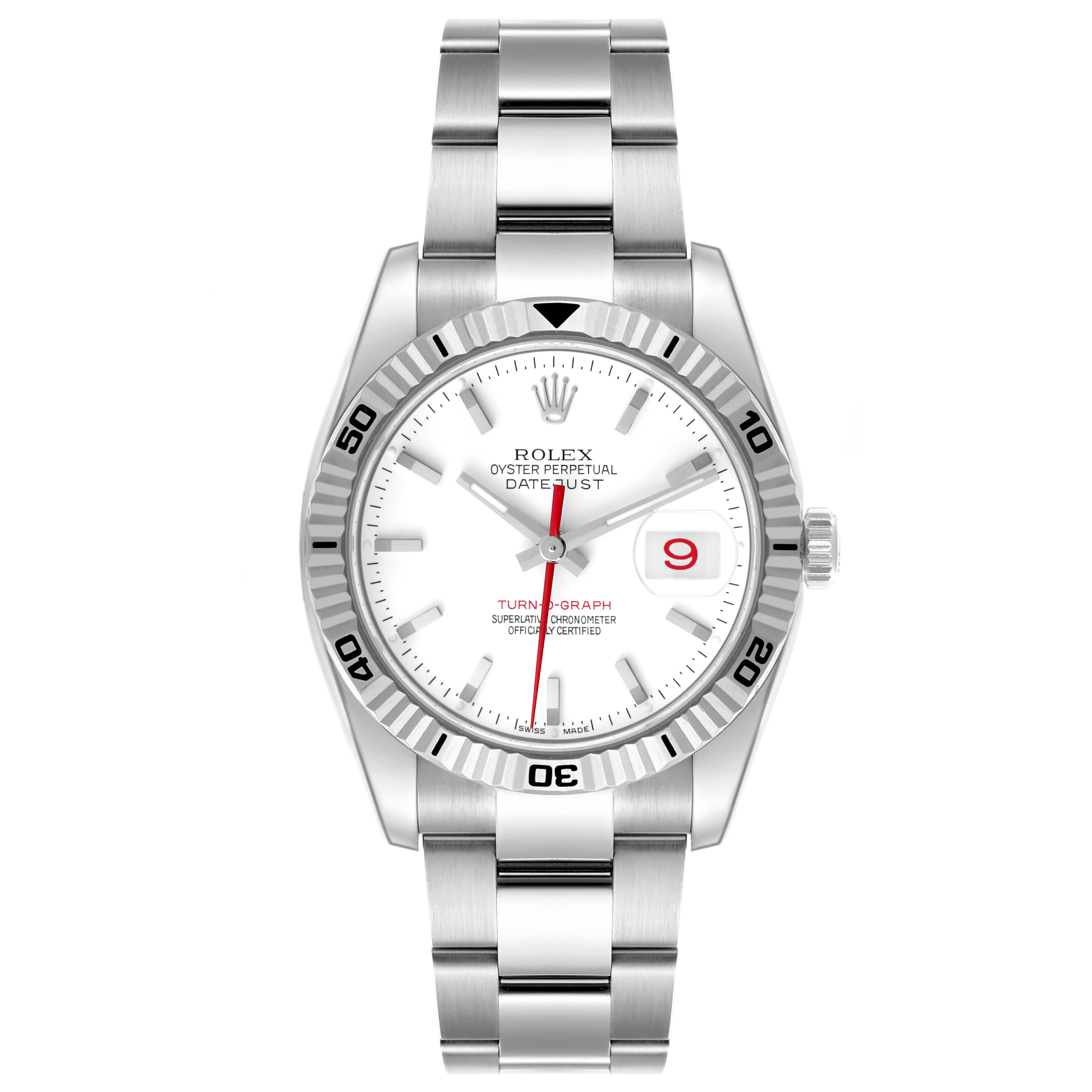 The Rolex Turn-o-Graph 116264 Men
s Stainless Steel White Dial 116264 Men
s Stainless Steel White Dial watch is shown from a front view, displaying its bezel, dial, hands, date window, and bracelet.