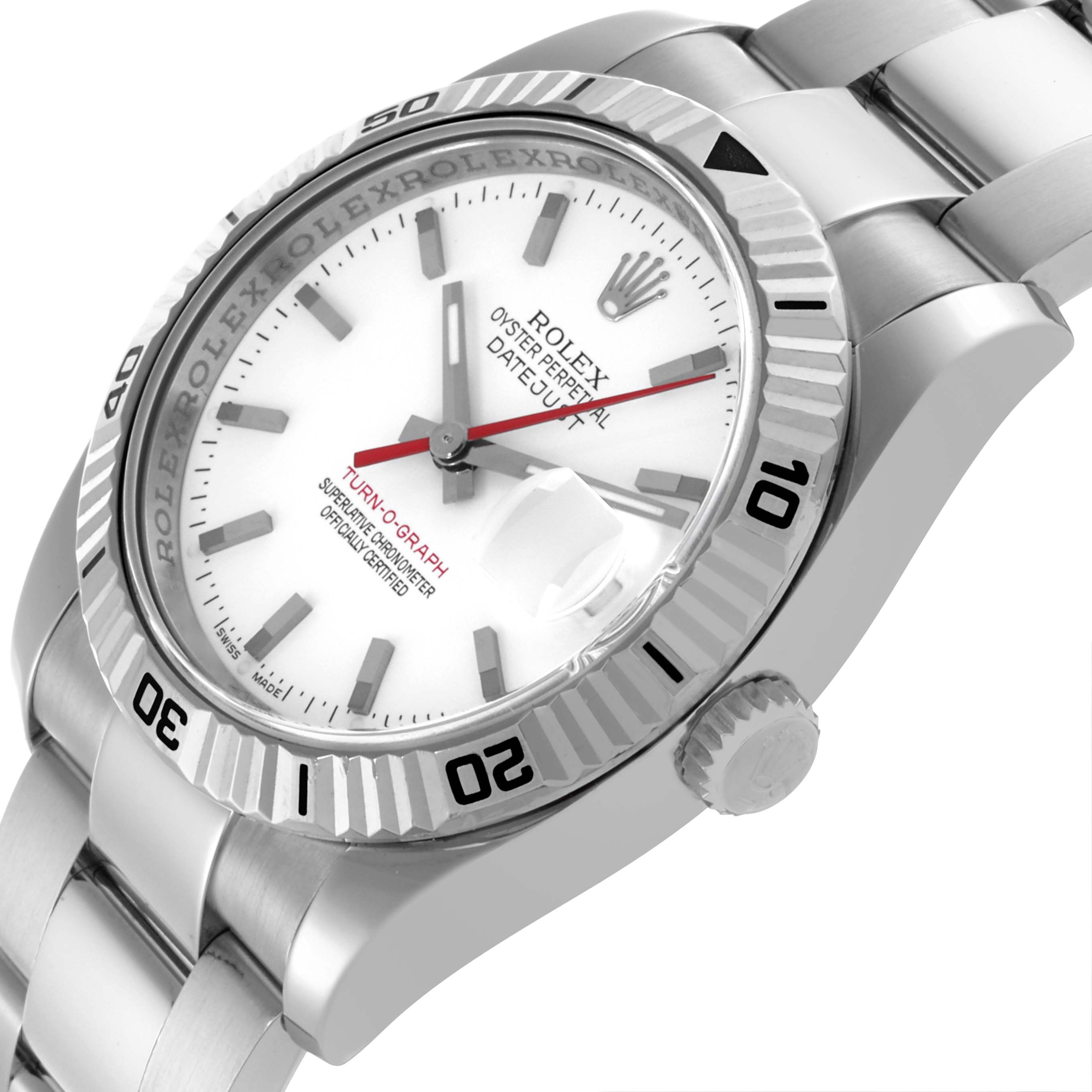 The Rolex Turn-o-Graph 116264 Men
s Stainless Steel White Dial 116264 Men
s Stainless Steel White Dial watch is shown from an angled close-up, displaying the dial, bezel, bracelet, and crown.