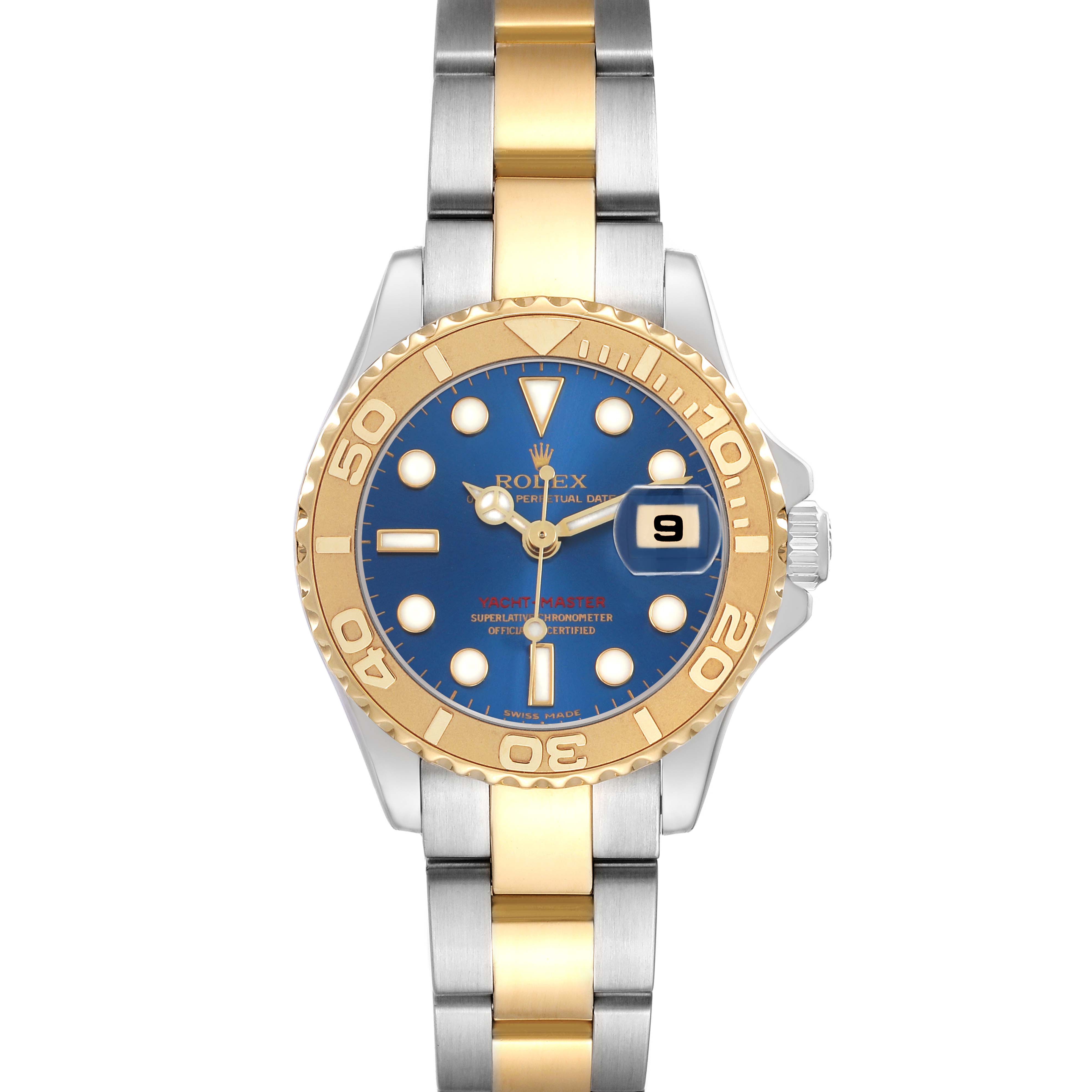 The Rolex Yacht-Master 169623 Women's Steel and Gold (two tone) Blue Dial watch is shown from a top-down angle, displaying its blue dial and gold-and-silver bracelet.
